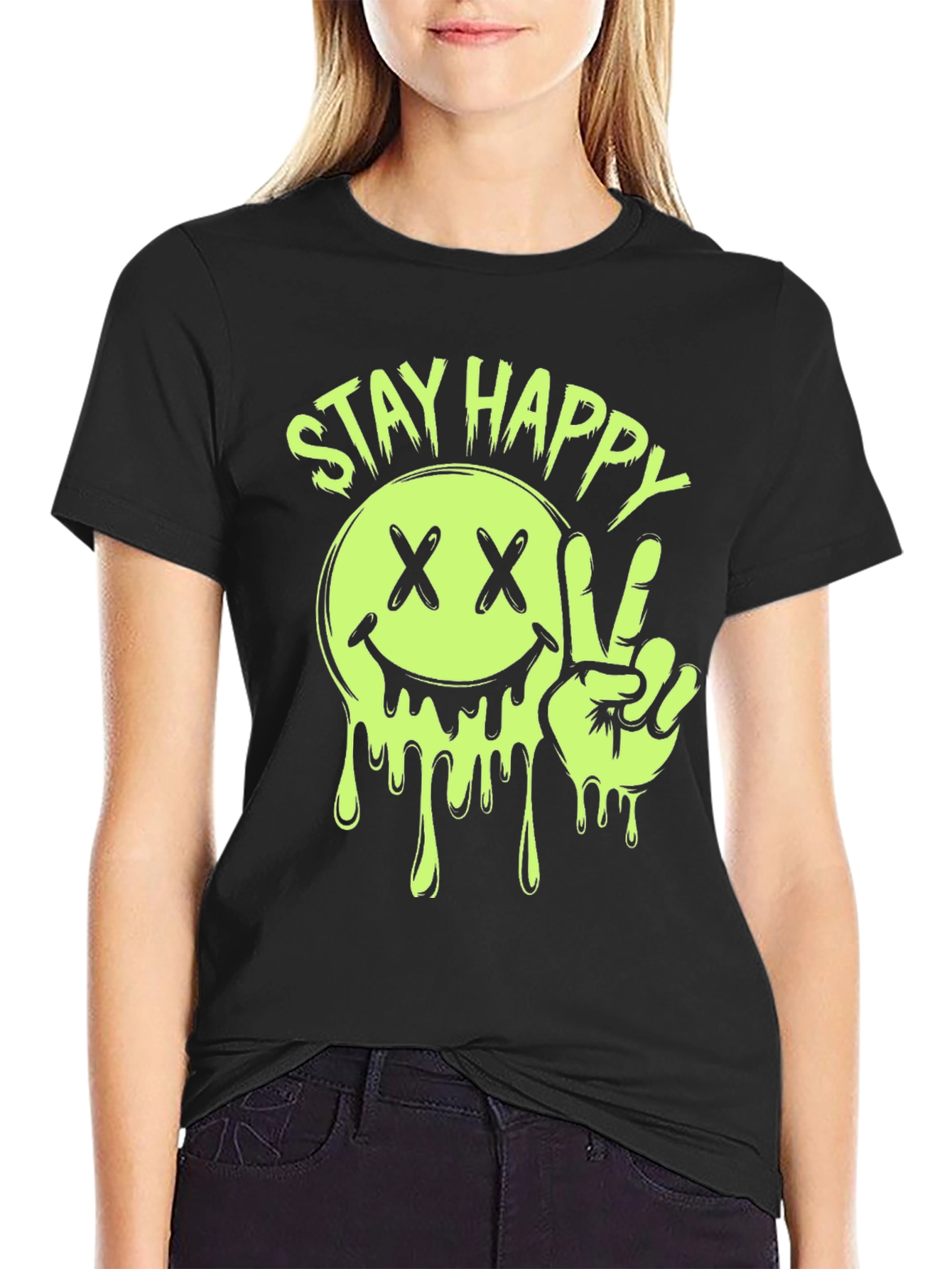 Stay Happy Smiley Face Graphic Tee - Black