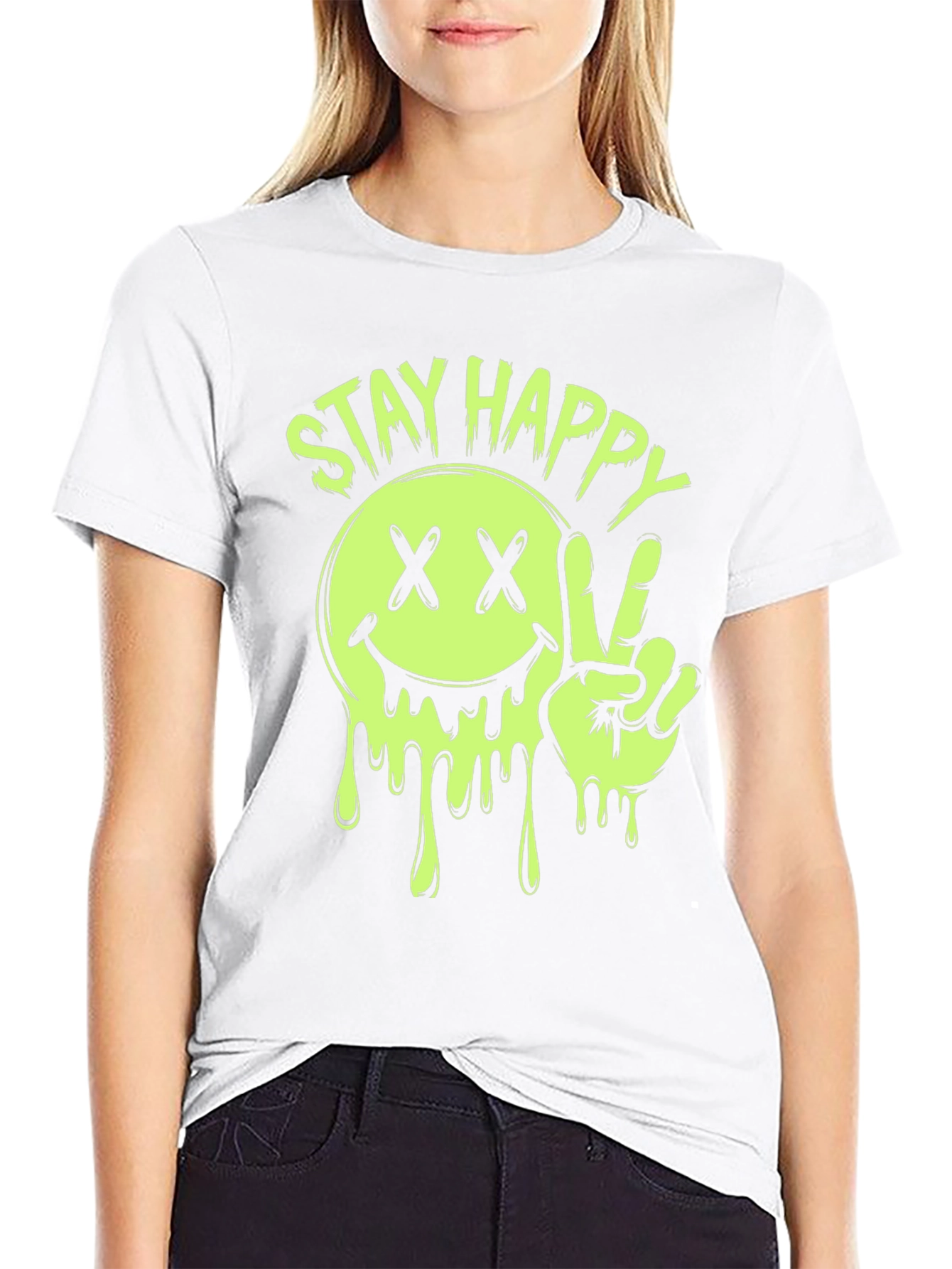 Stay Happy Smiley Face Graphic Tee - Black