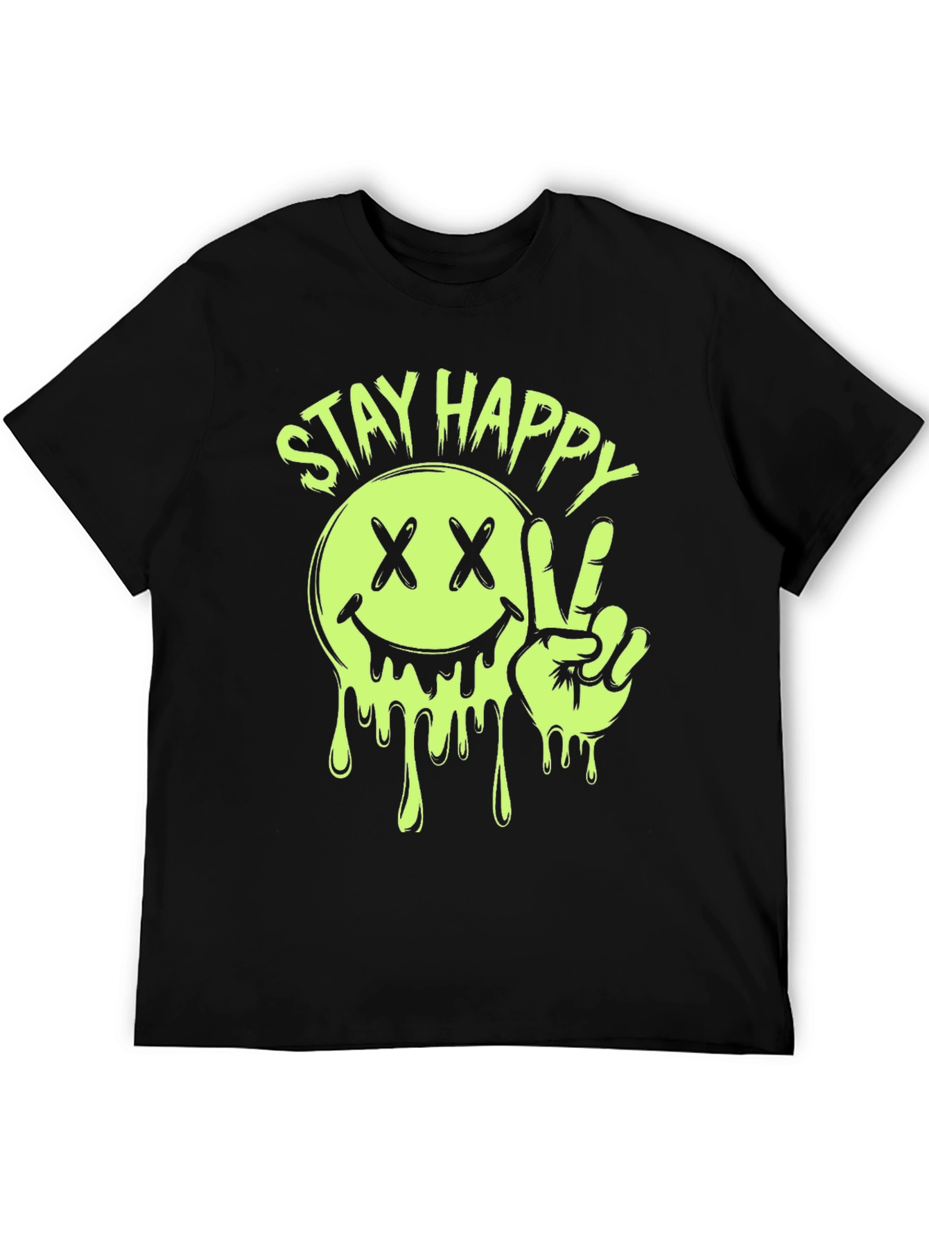 Stay Happy Smiley Face Graphic Tee - Black