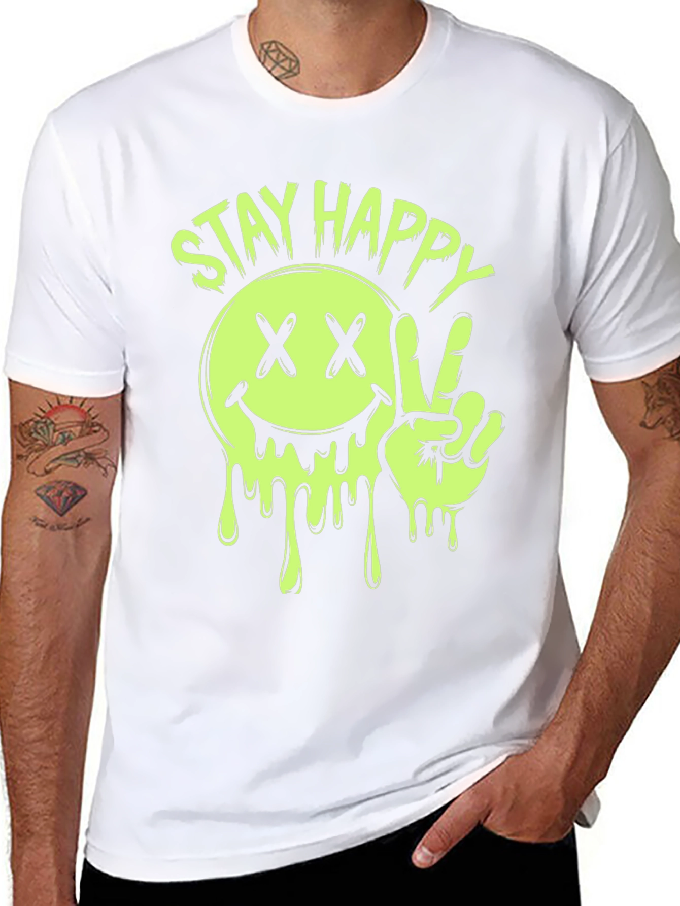 Stay Happy Smiley Face Graphic Tee - Black