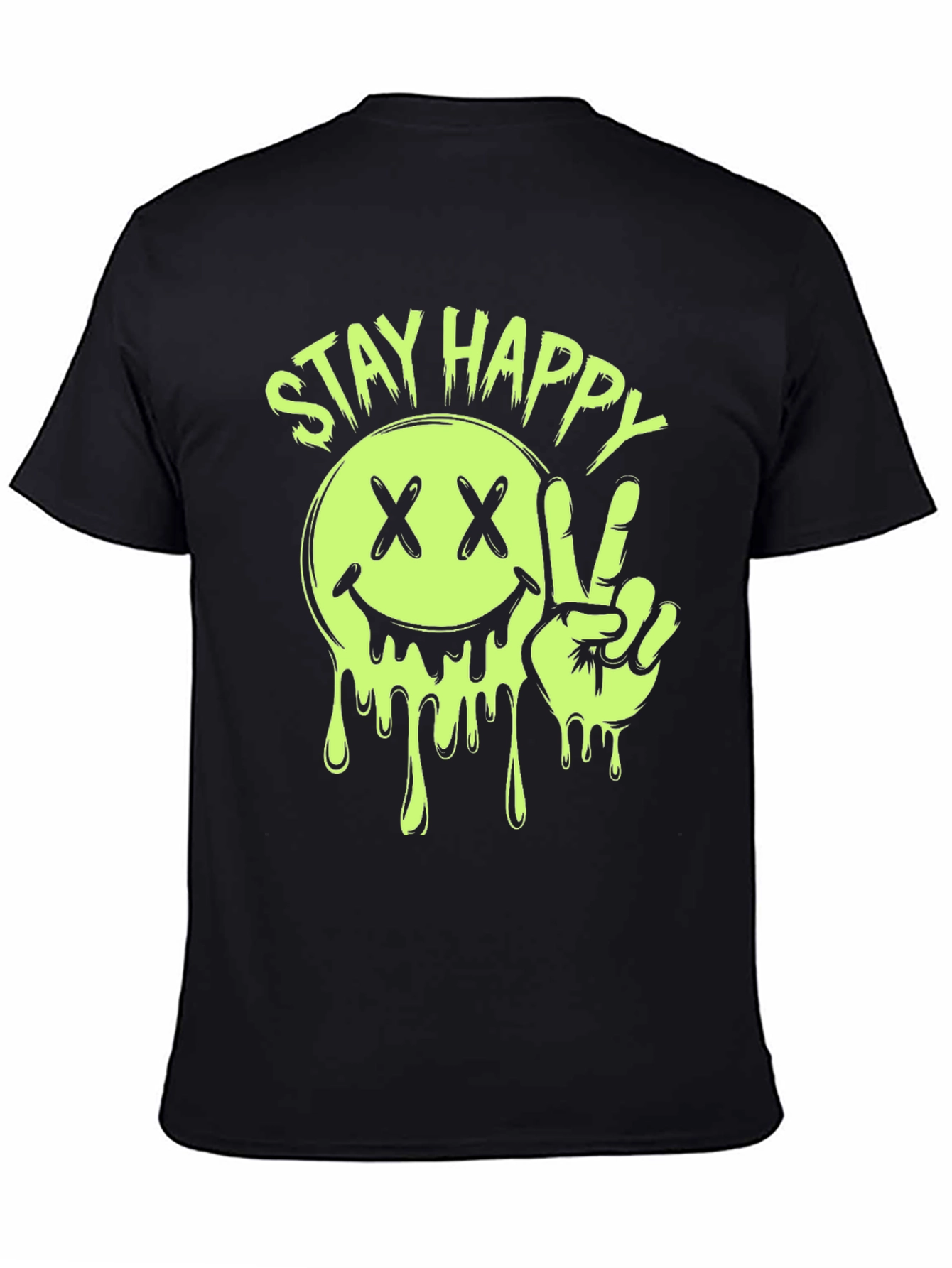 Stay Happy Smiley Face Graphic Tee - Black