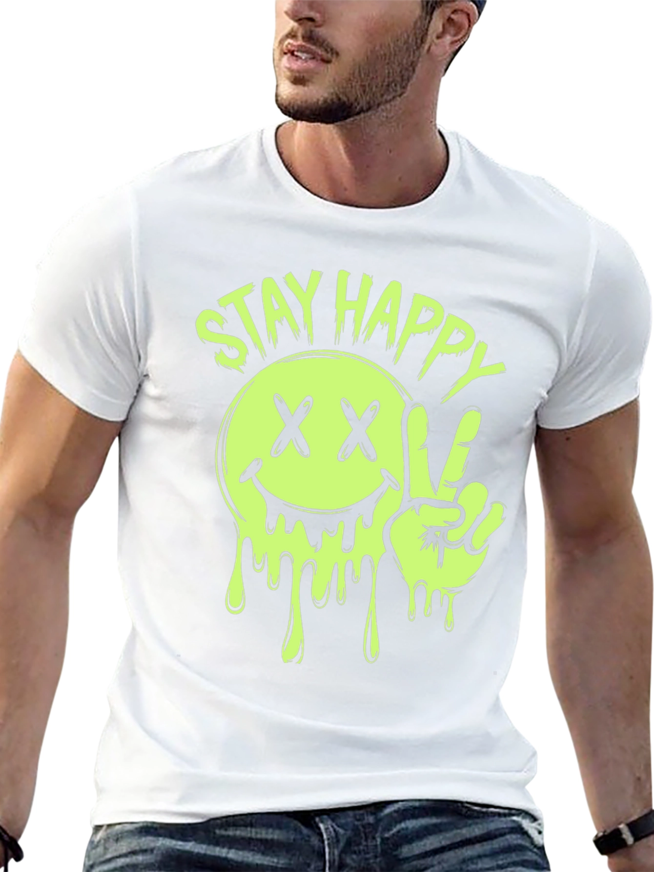 Stay Happy Smiley Face Graphic Tee - Black
