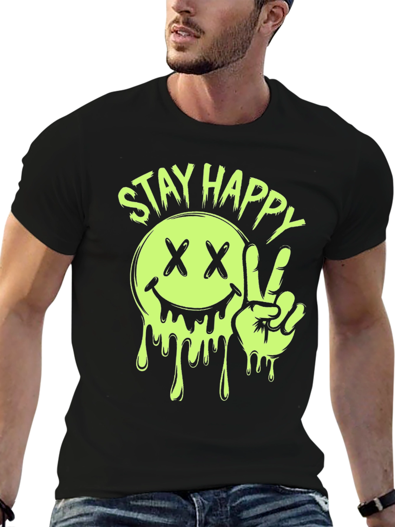 Stay Happy Smiley Face Graphic Tee - Black