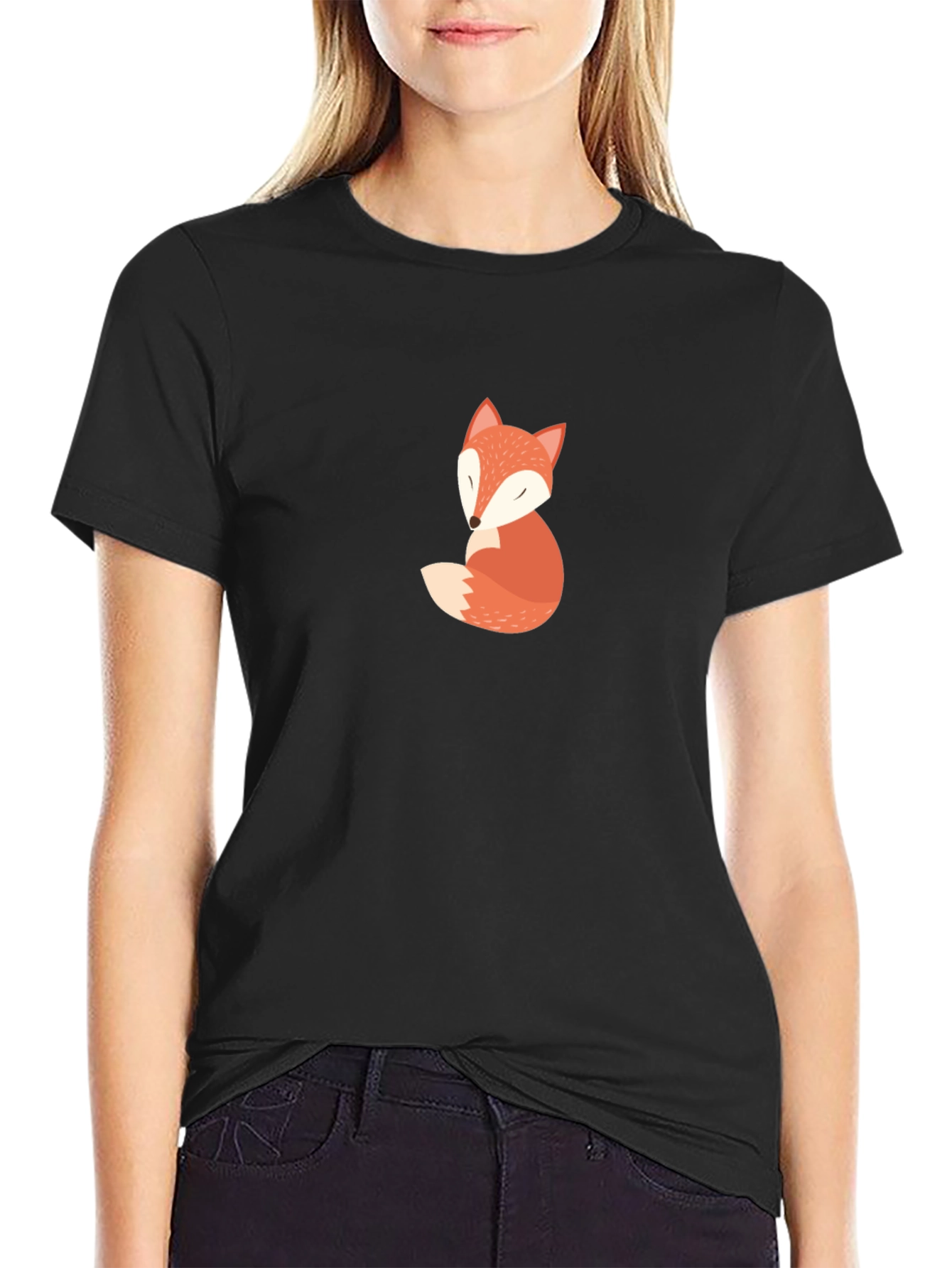 Cute Fox Graphic Tee - Soft Black Cotton T-Shirt