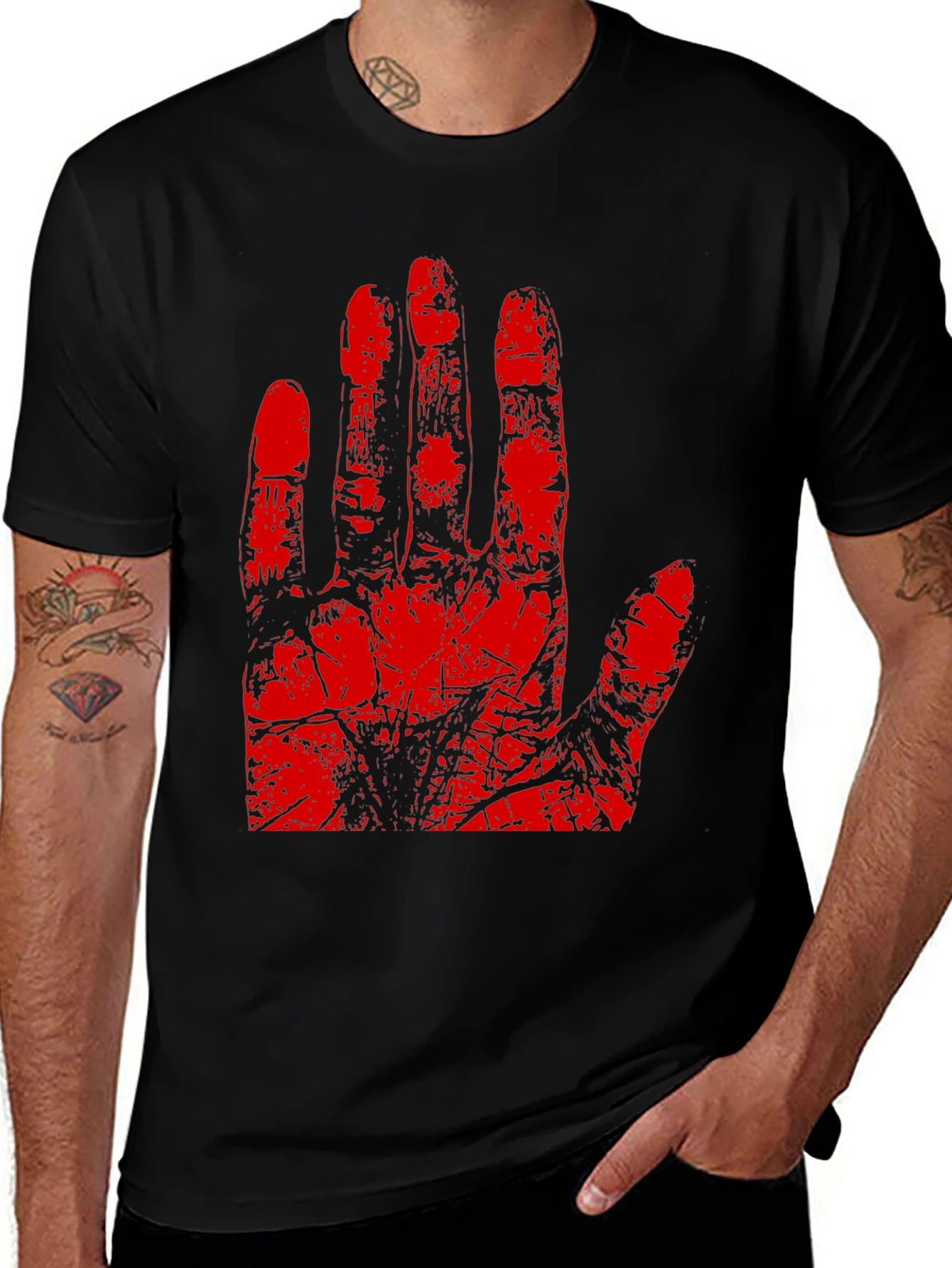 Red Hand Print Graphic Tee - Black Cotton T-Shirt