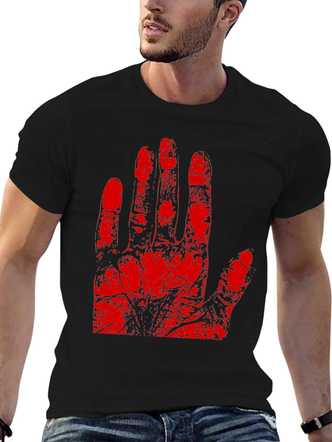 Red Hand Print Graphic Tee - Black Cotton T-Shirt