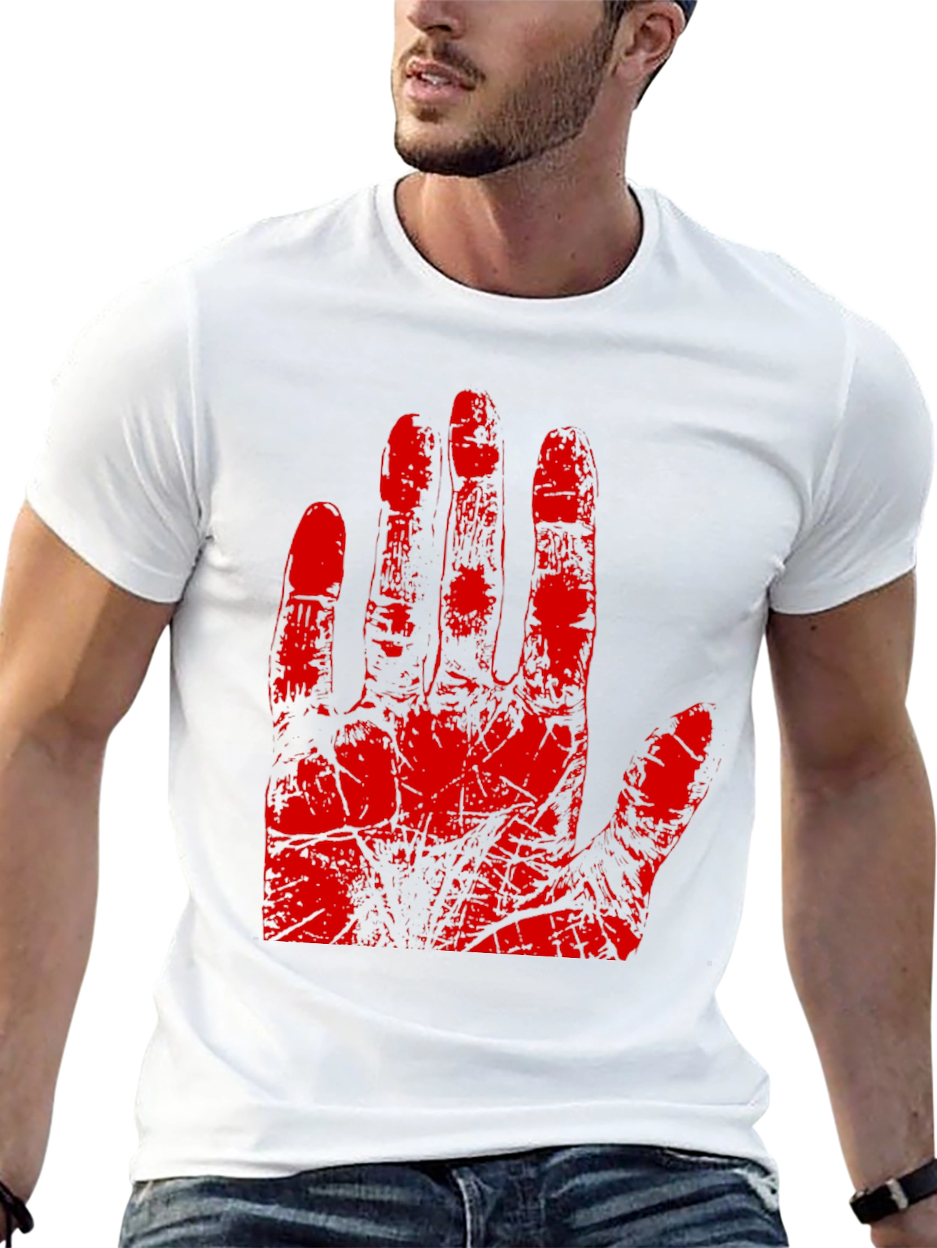 Red Hand Print Graphic Tee - Black Cotton T-Shirt