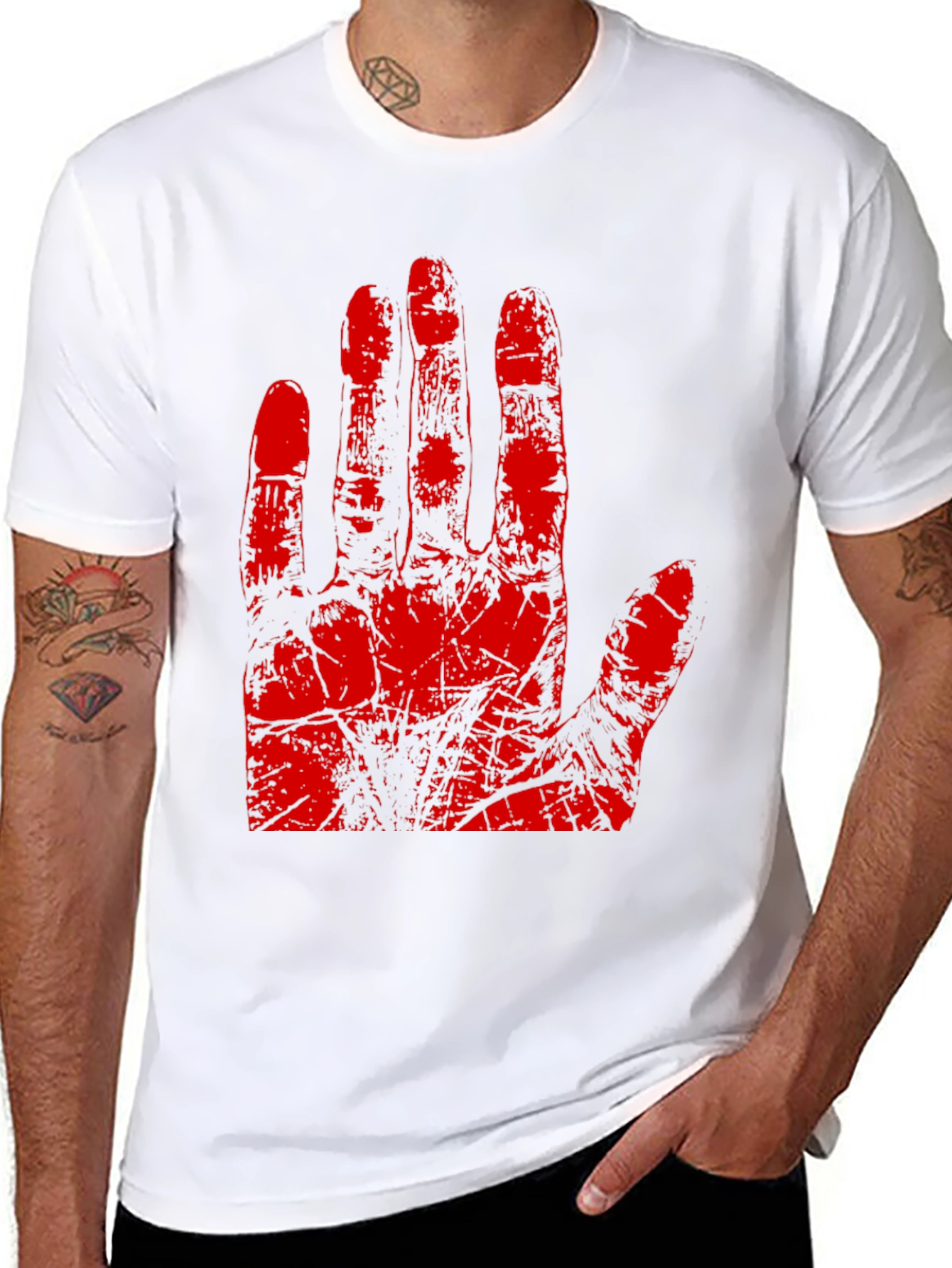 Red Hand Print Graphic Tee - Black Cotton T-Shirt