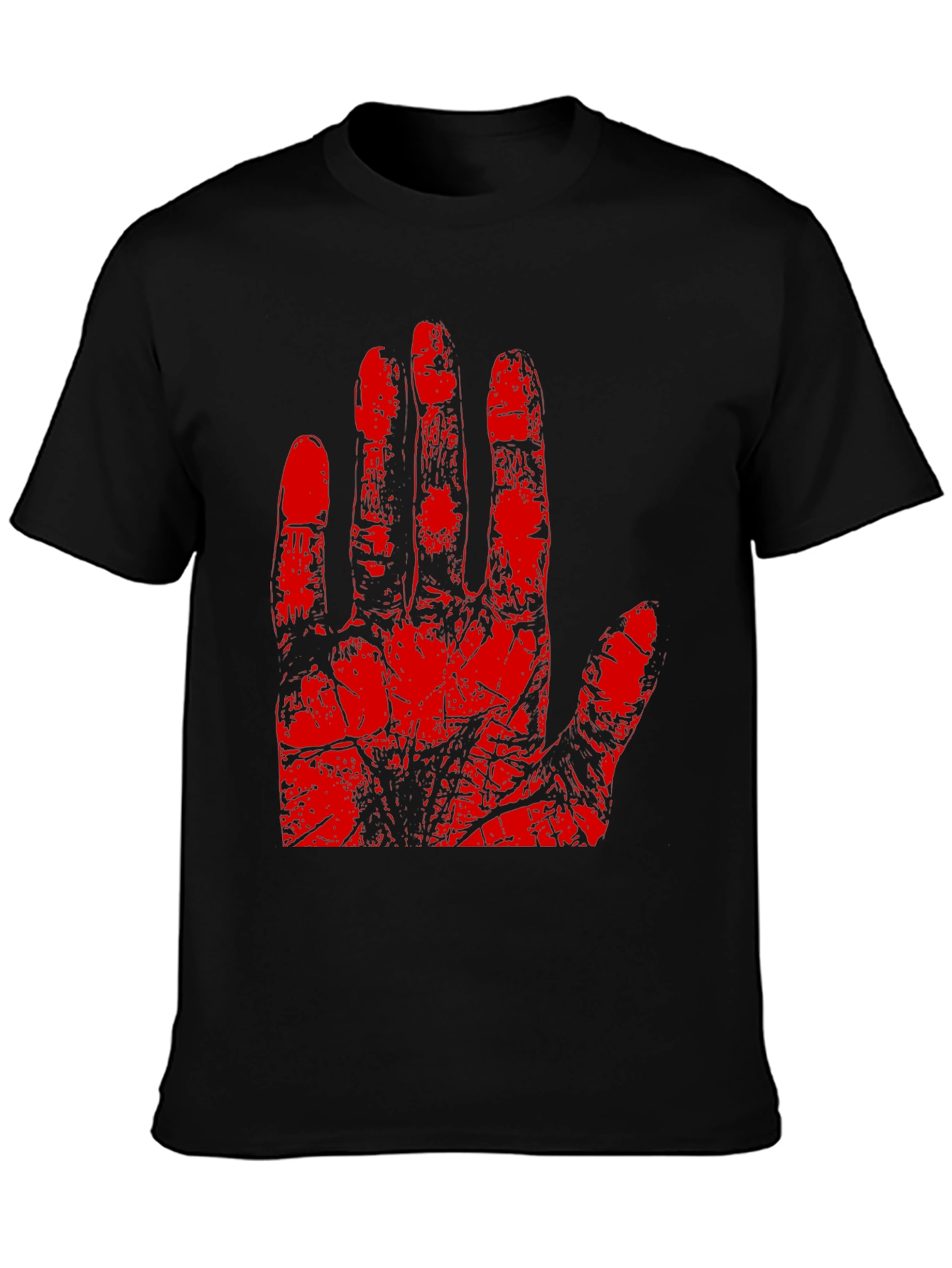 Red Hand Print Graphic Tee - Black Cotton T-Shirt