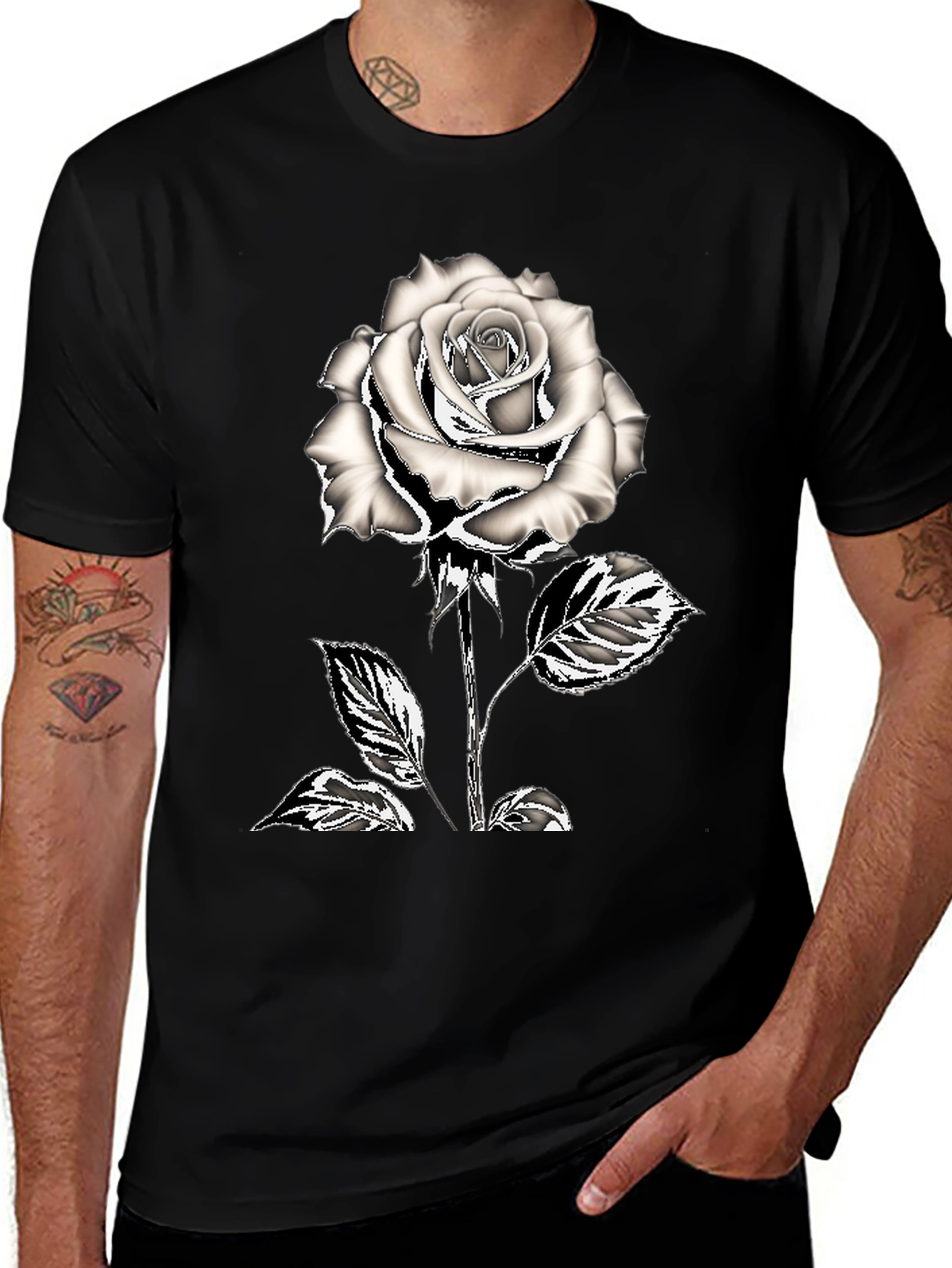 Black T-Shirt with Silver Rose Graphic