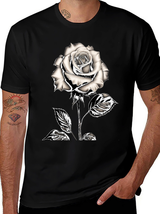 Black T-Shirt with Silver Rose Graphic