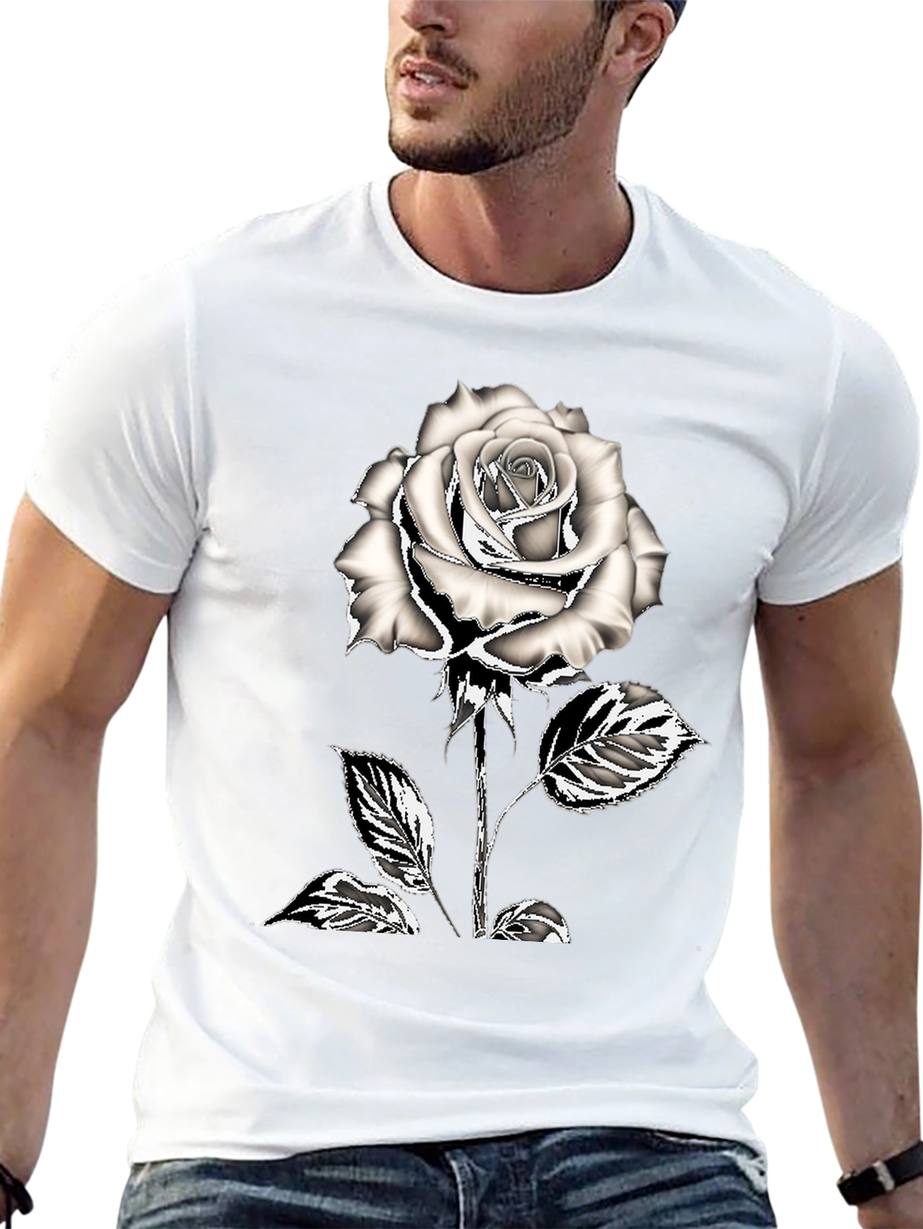 Black T-Shirt with Silver Rose Graphic