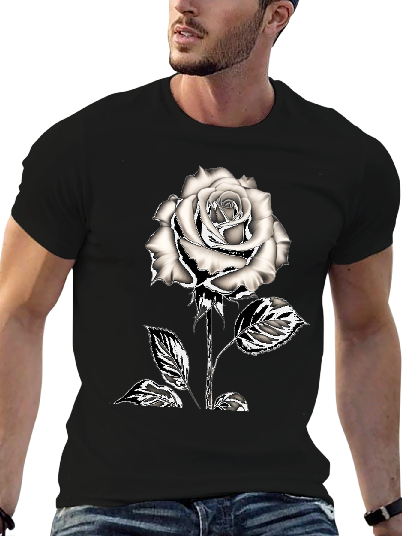 Black T-Shirt with Silver Rose Graphic