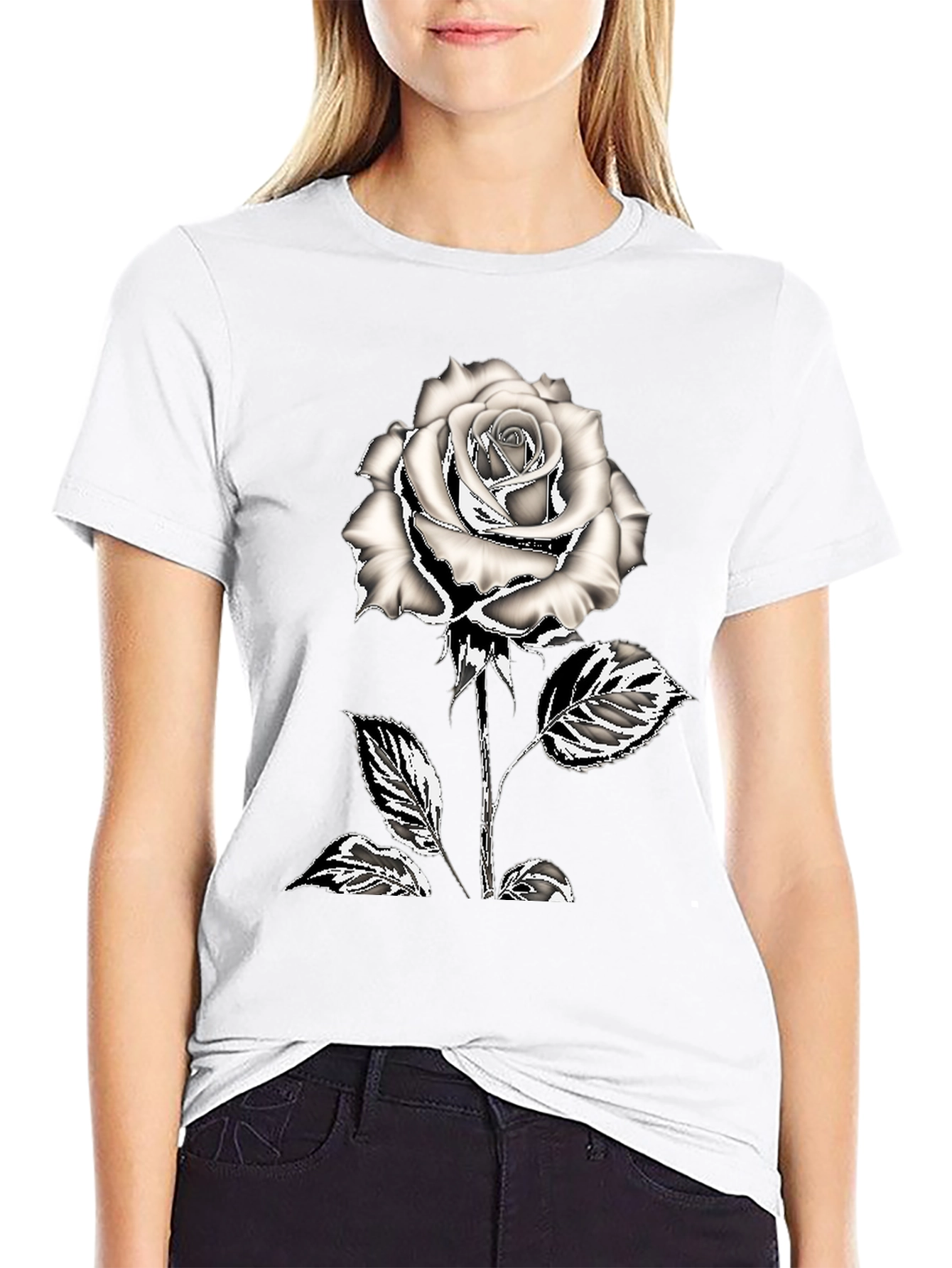 Black T-Shirt with Silver Rose Graphic