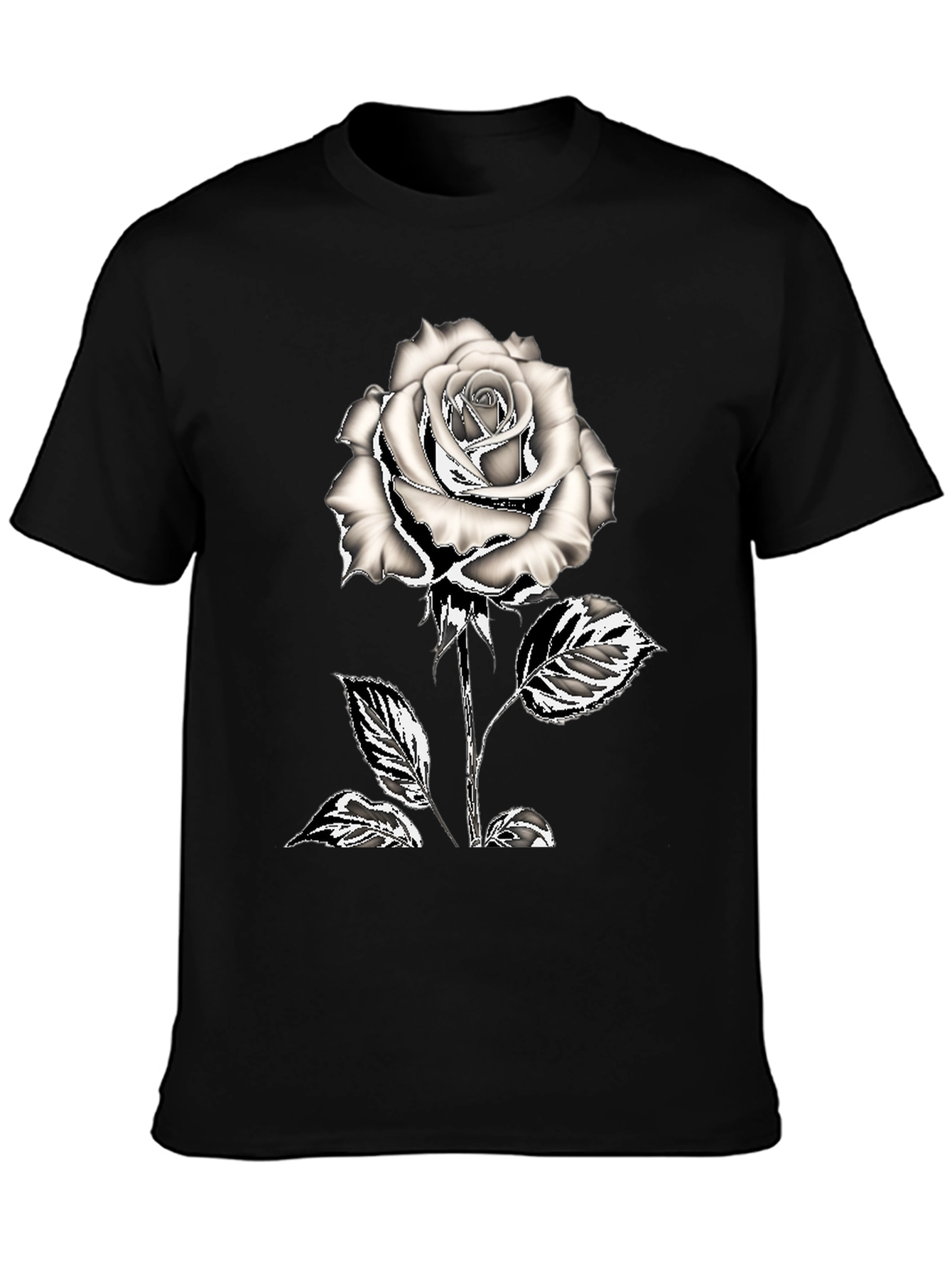 Black T-Shirt with Silver Rose Graphic