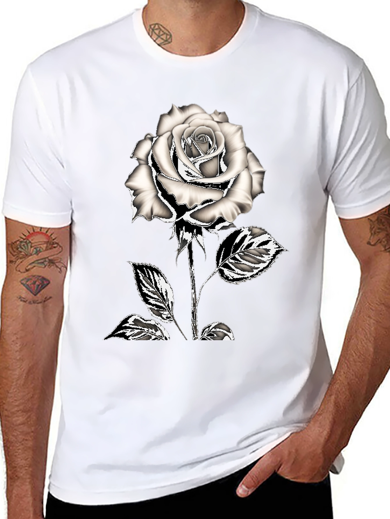 Black T-Shirt with Silver Rose Graphic