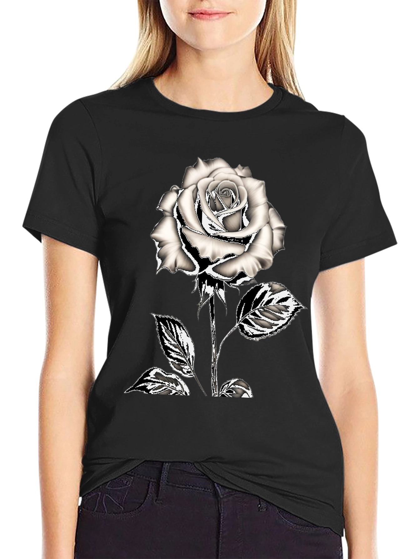 Black T-Shirt with Silver Rose Graphic