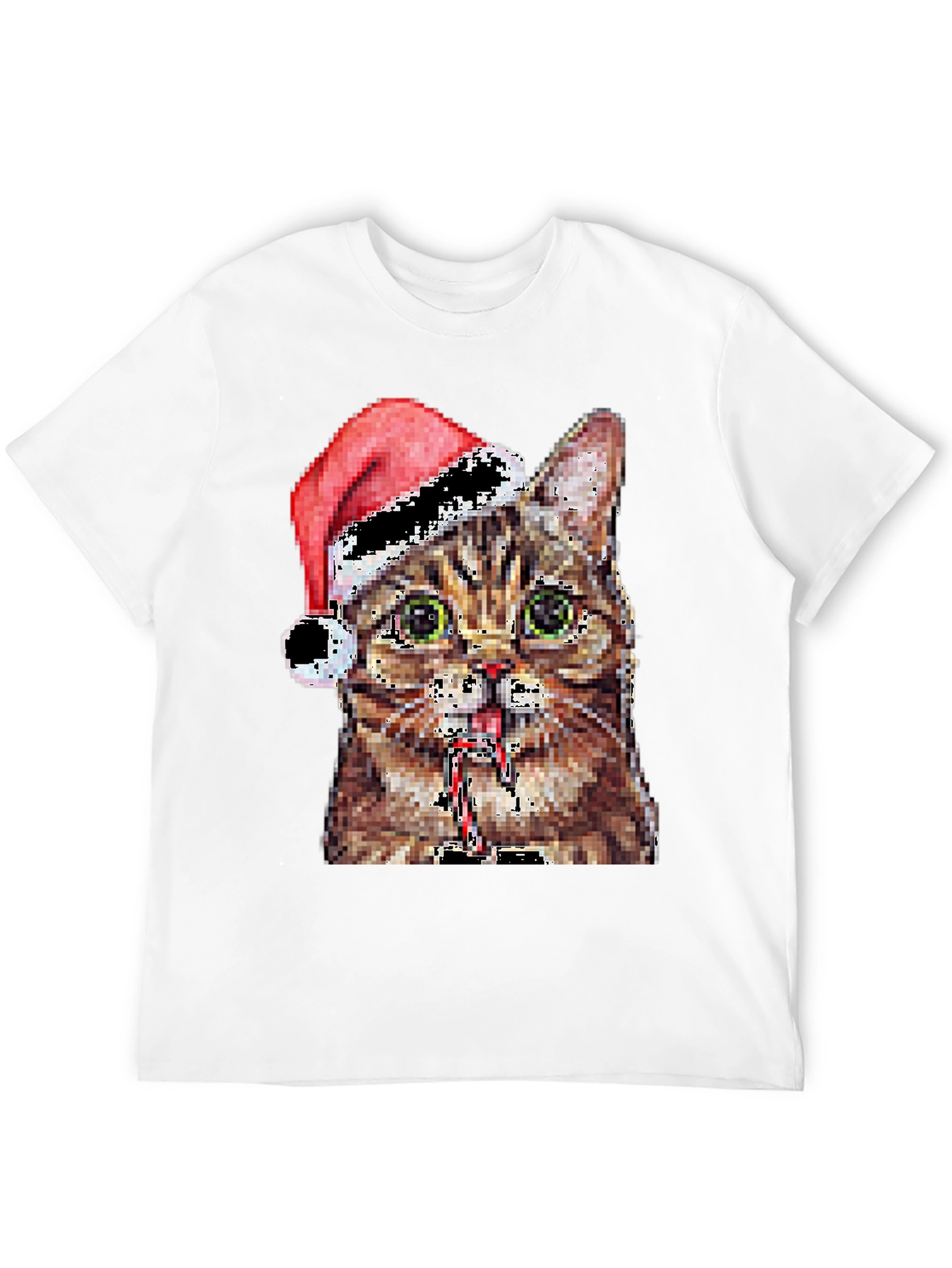 Pixelated Cat with Santa Hat Black T-Shirt