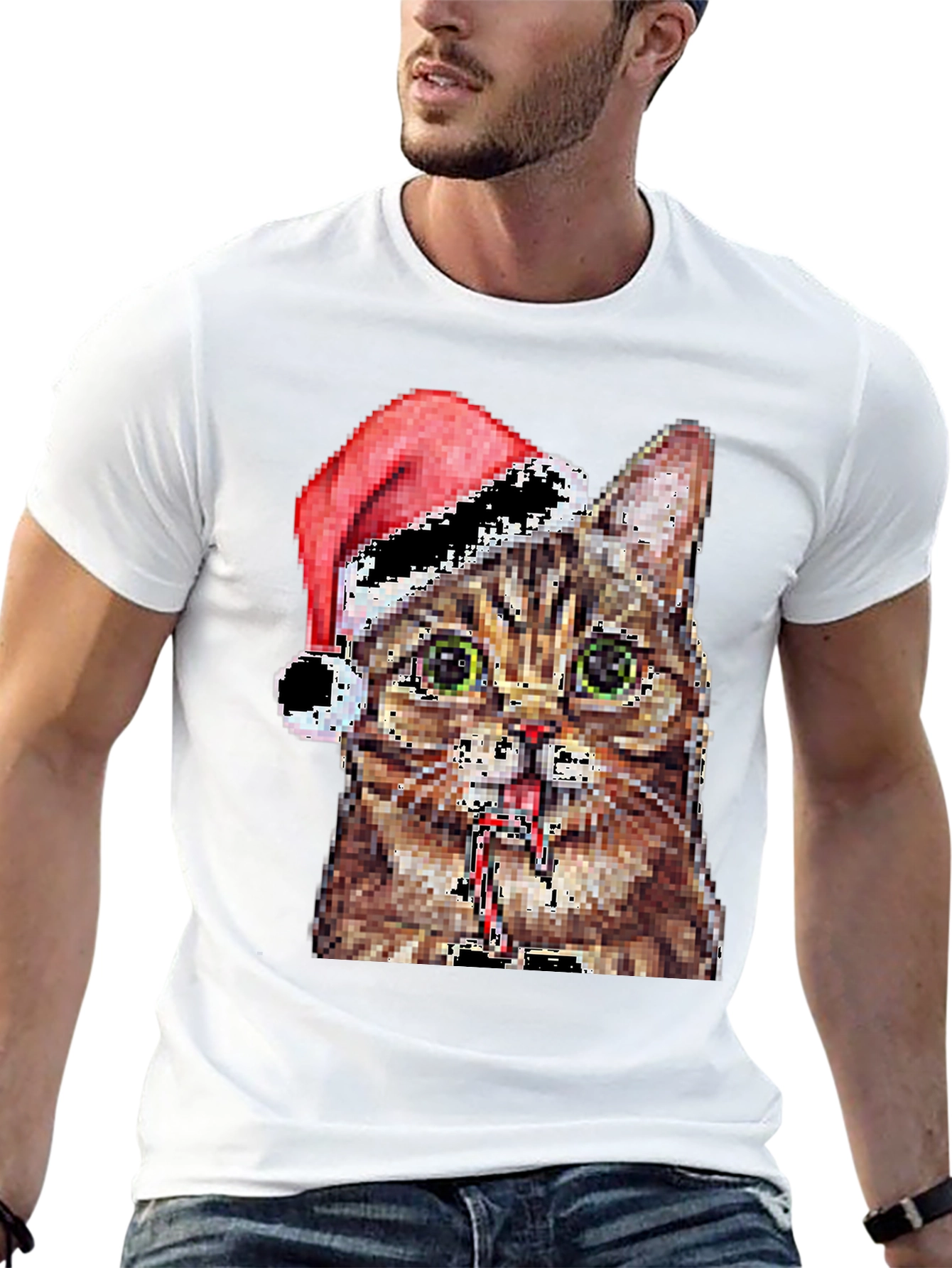 Pixelated Cat with Santa Hat Black T-Shirt