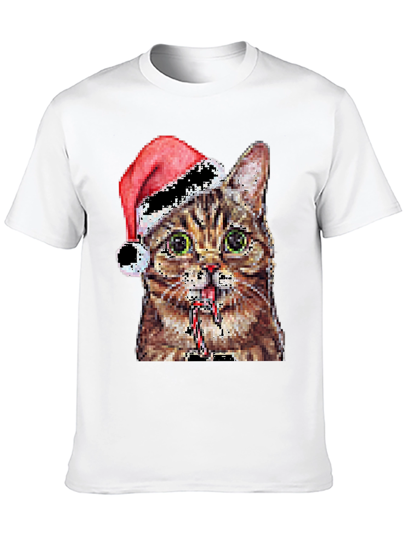 Pixelated Cat with Santa Hat Black T-Shirt