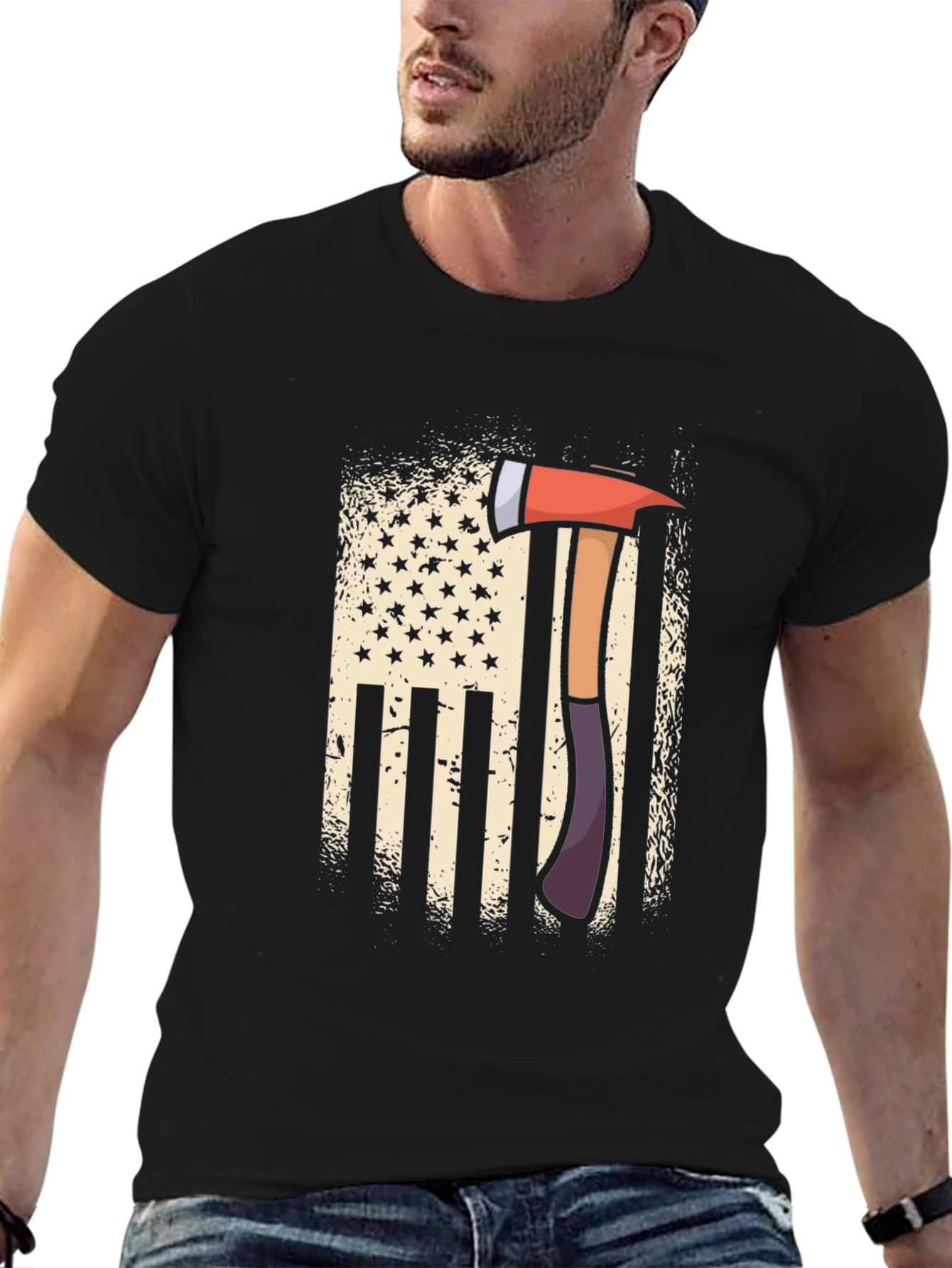 Firefighter Axe American Flag Patriotic T-Shirt
