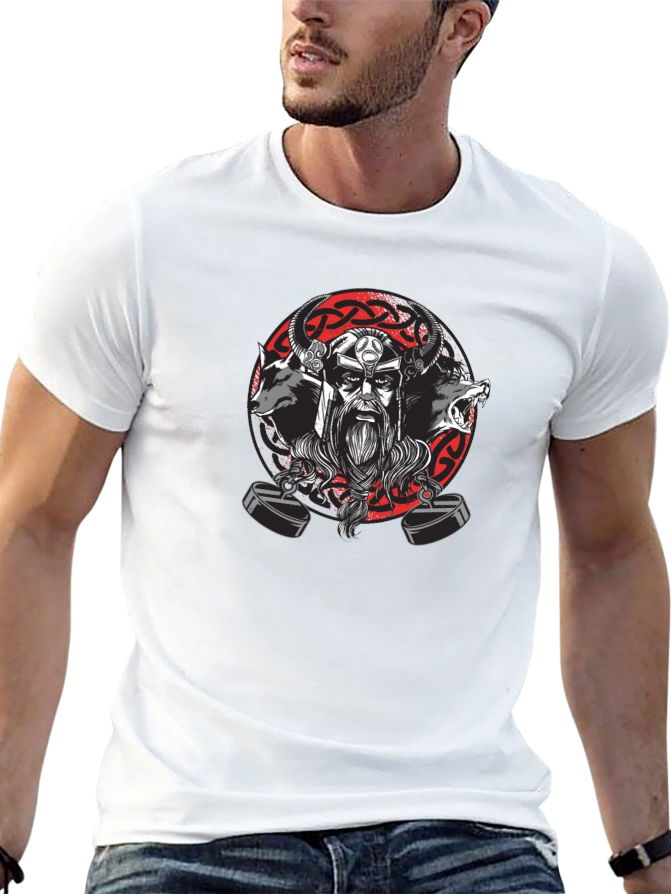 Viking Warrior Black T-Shirt with Wolves