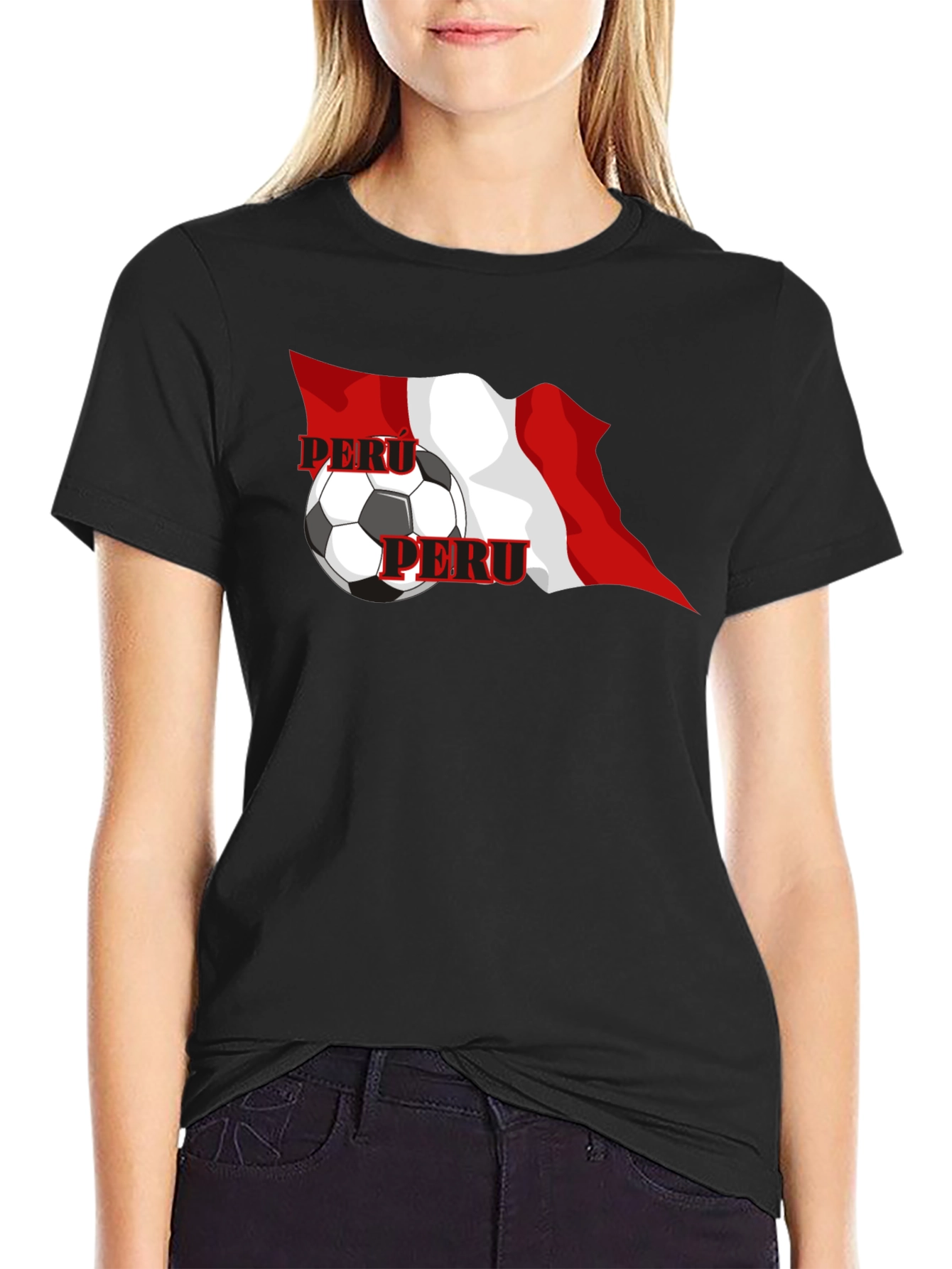 Peru Flag Soccer Graphic Black T-Shirt