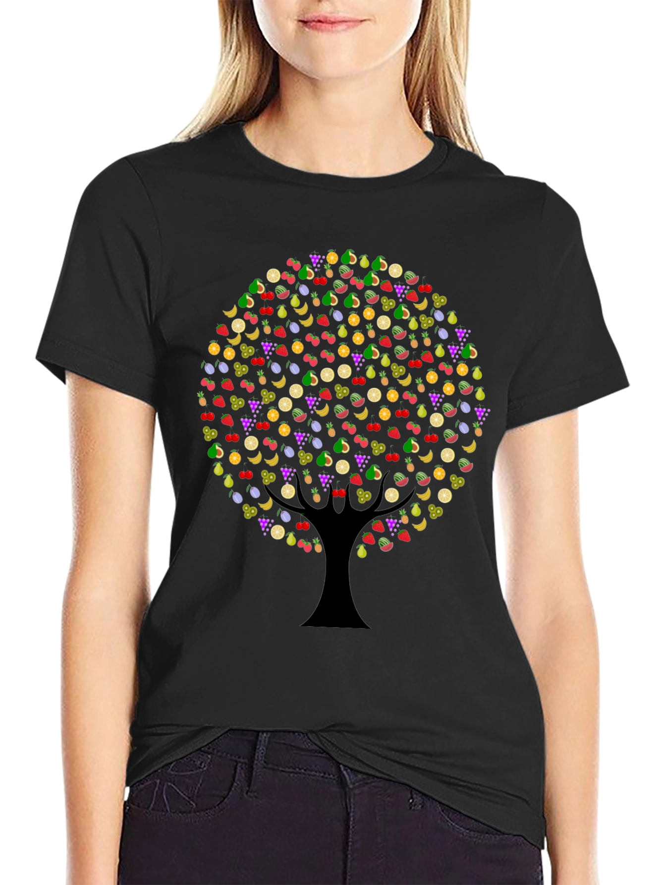 Fruit Tree Graphic Tee - Black Cotton T-Shirt