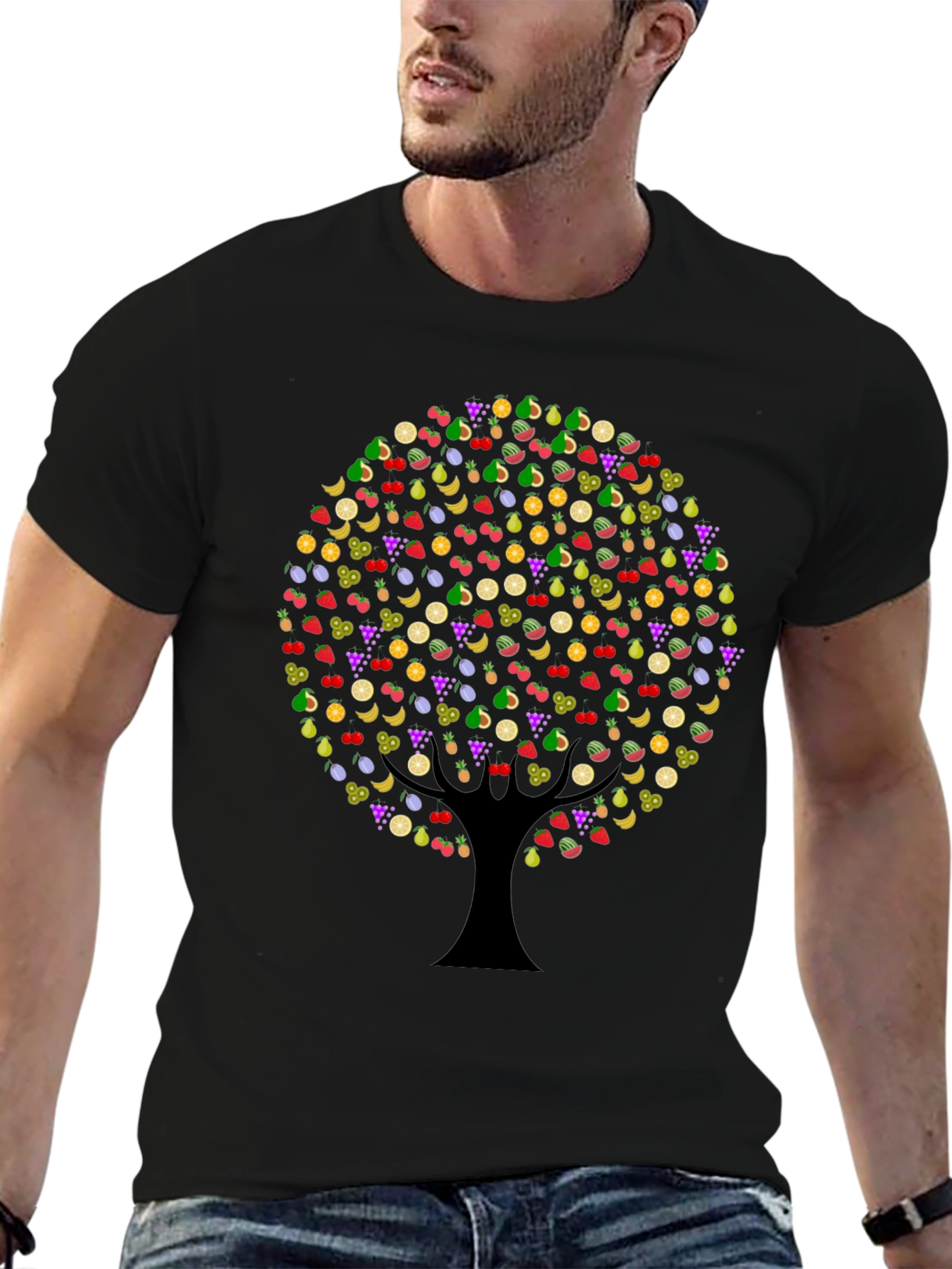 Fruit Tree Graphic Tee - Black Cotton T-Shirt