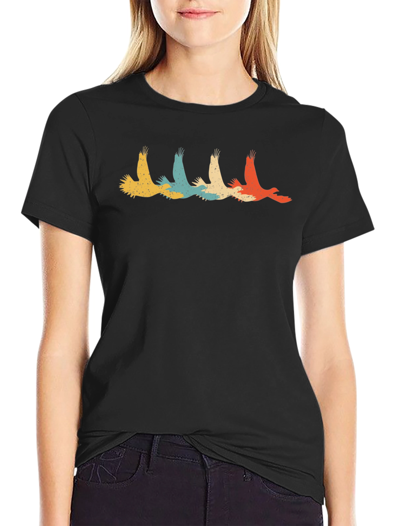 Retro Flying Bird Graphic Black T-Shirt