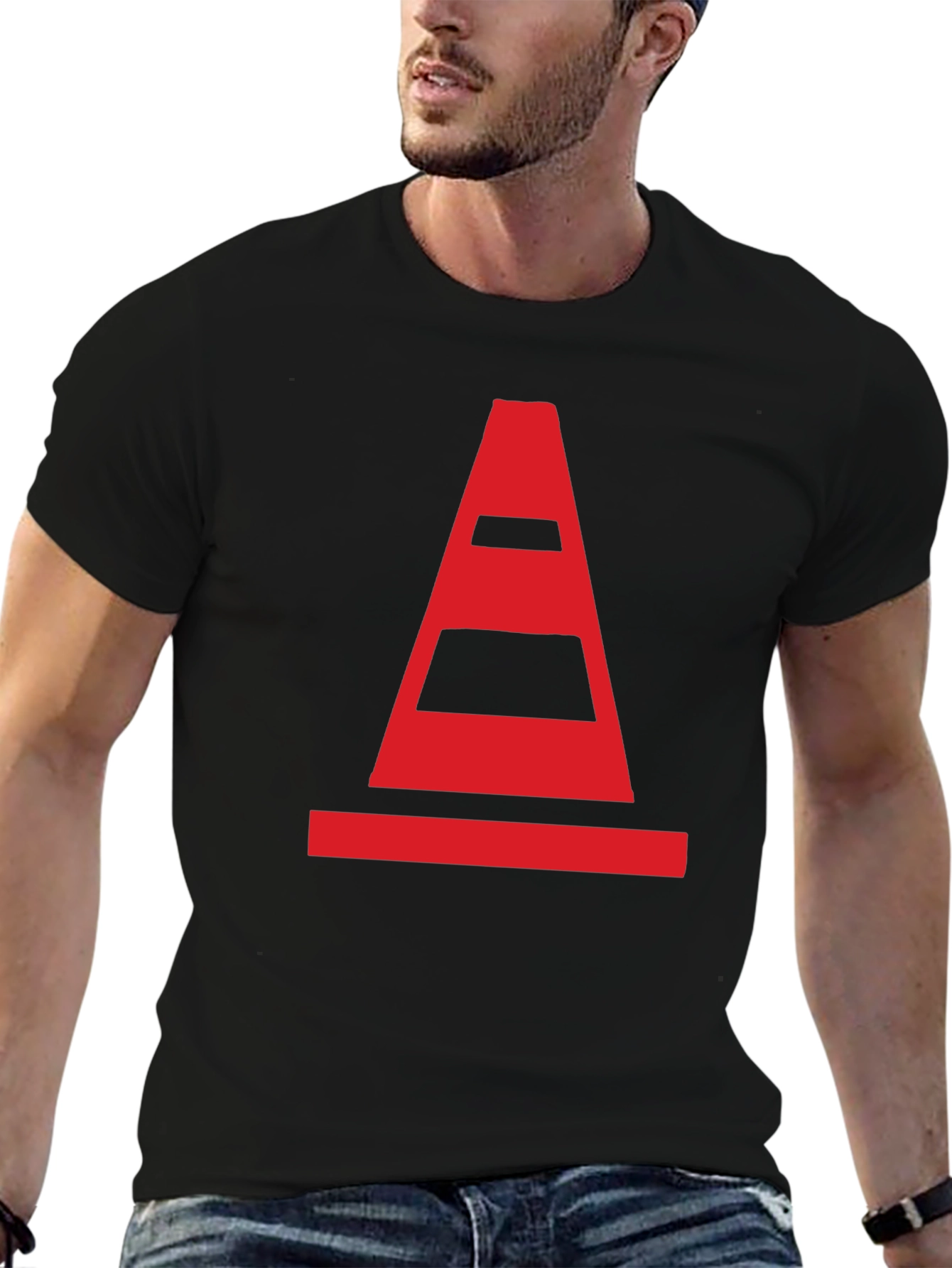Traffic Cone Graphic Tee - Black Cotton Casual Shirt