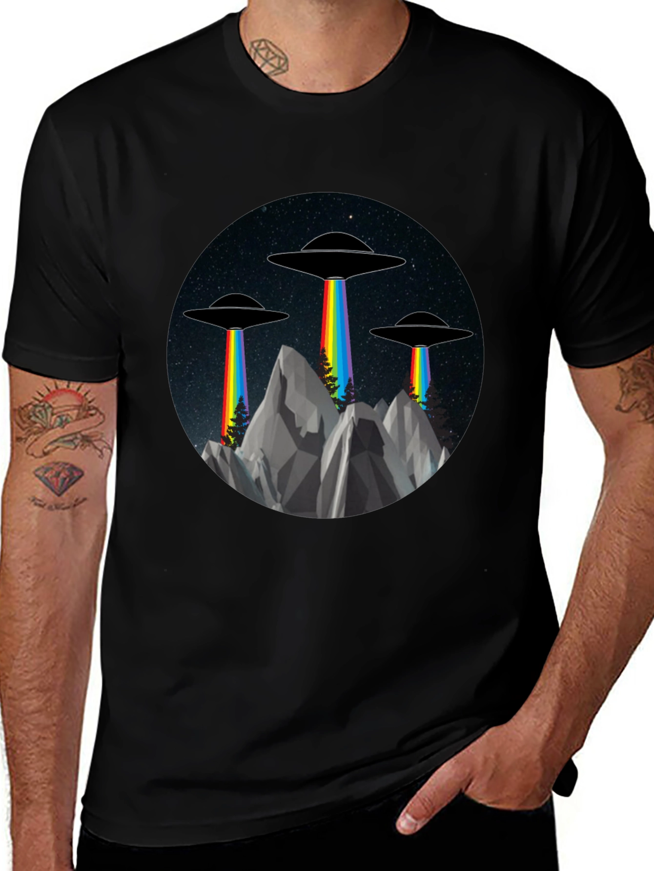 UFO Rainbow Beam Graphic Tee - Sci-Fi Style
