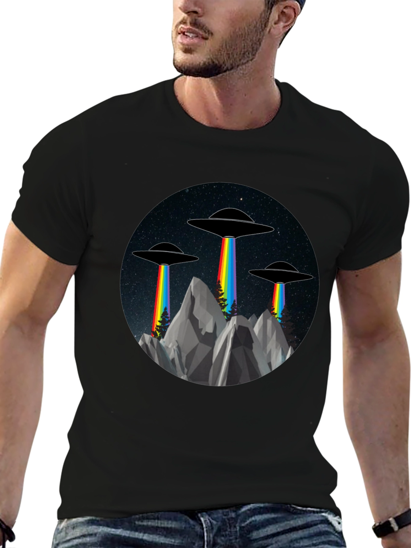UFO Rainbow Beam Graphic Tee - Sci-Fi Style
