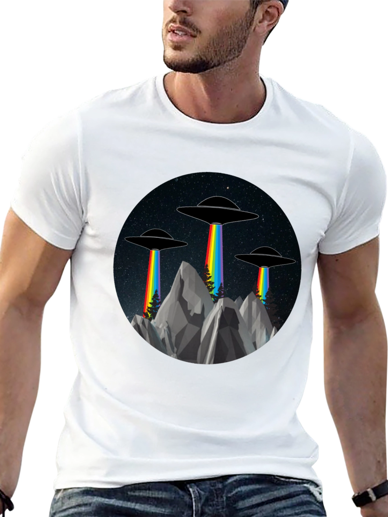 UFO Rainbow Beam Graphic Tee - Sci-Fi Style