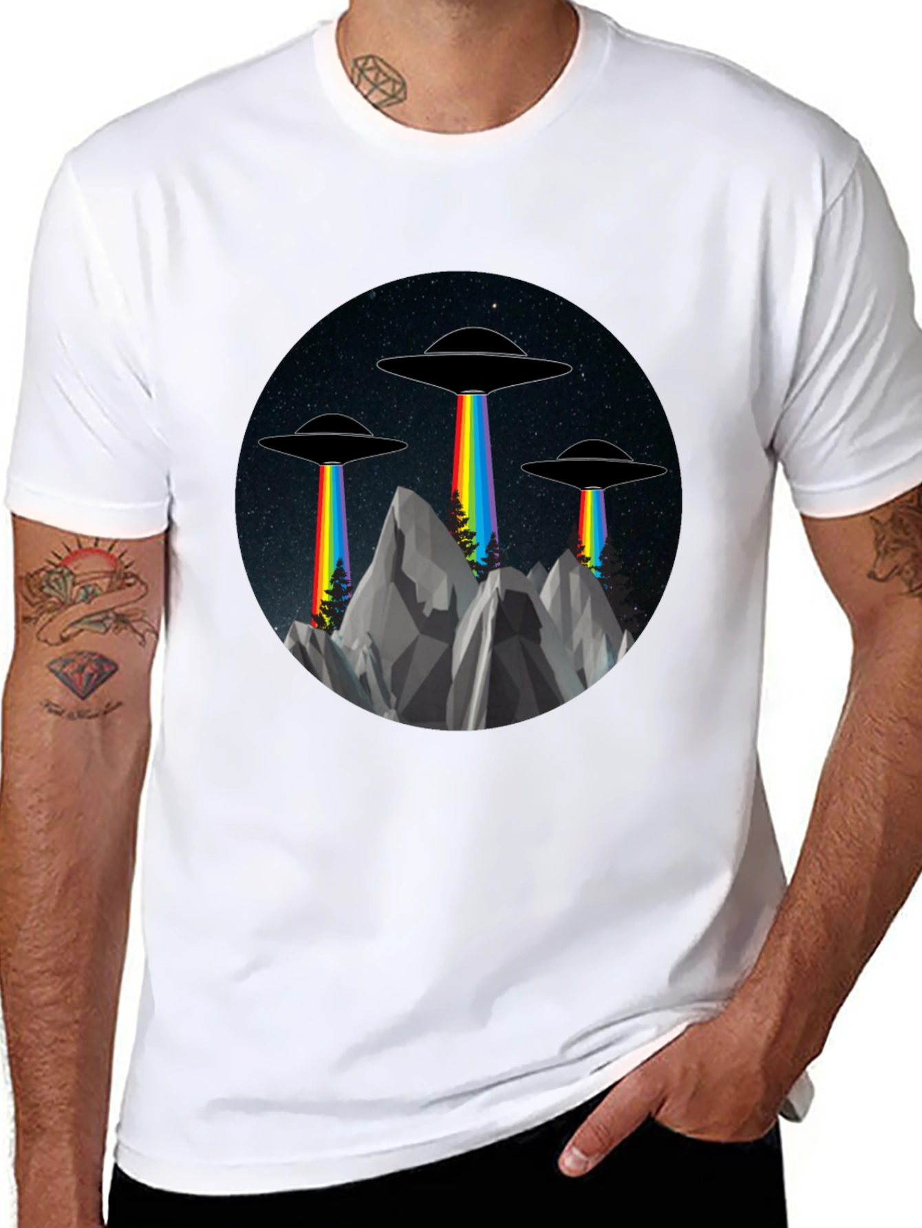 UFO Rainbow Beam Graphic Tee - Sci-Fi Style