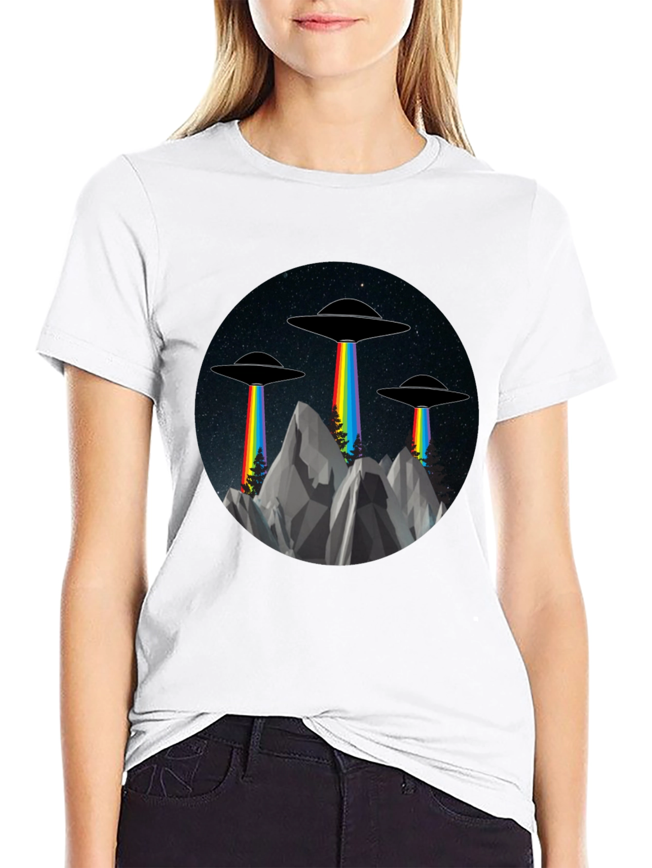 UFO Rainbow Beam Graphic Tee - Sci-Fi Style