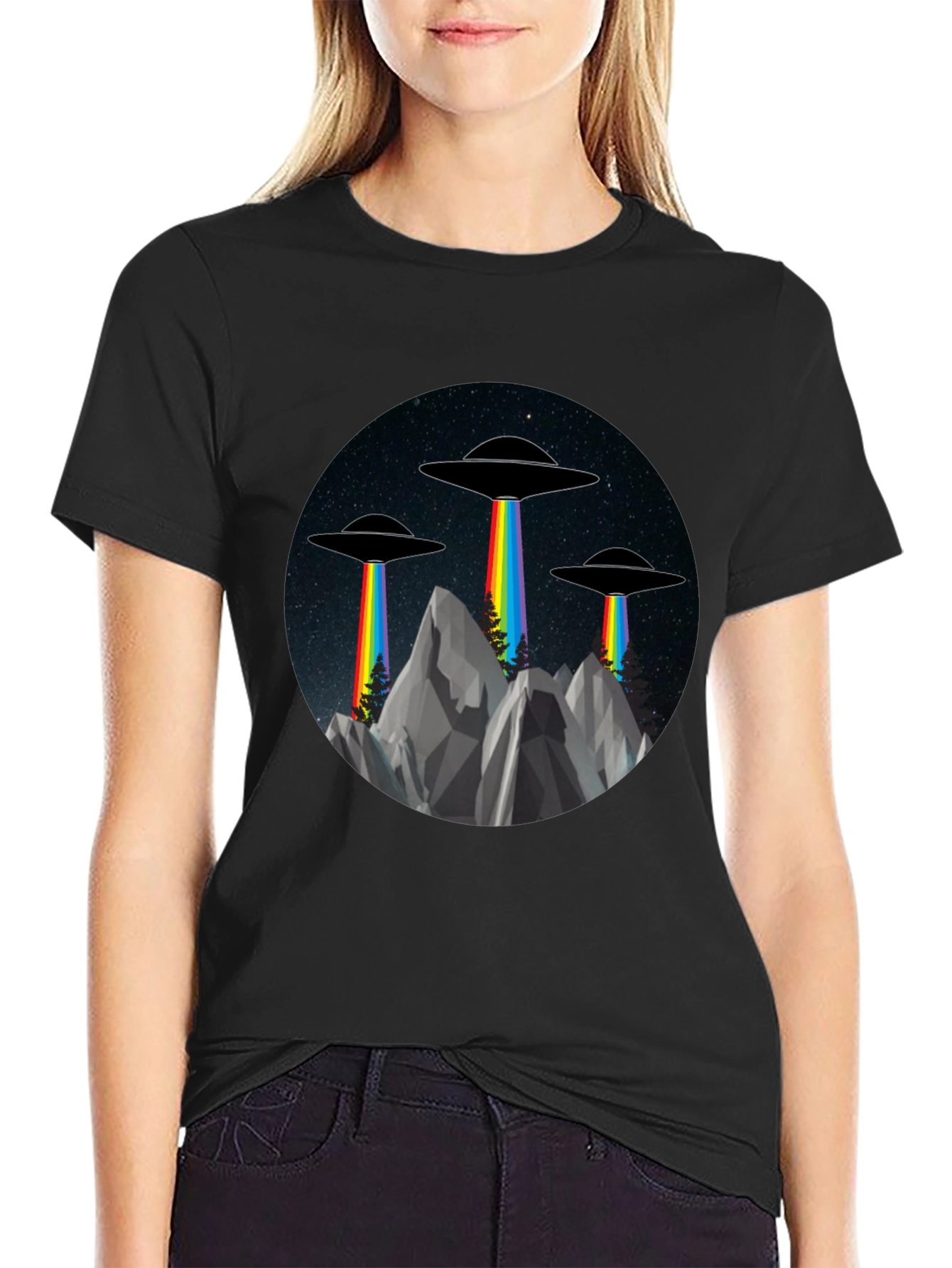 UFO Rainbow Beam Graphic Tee - Sci-Fi Style