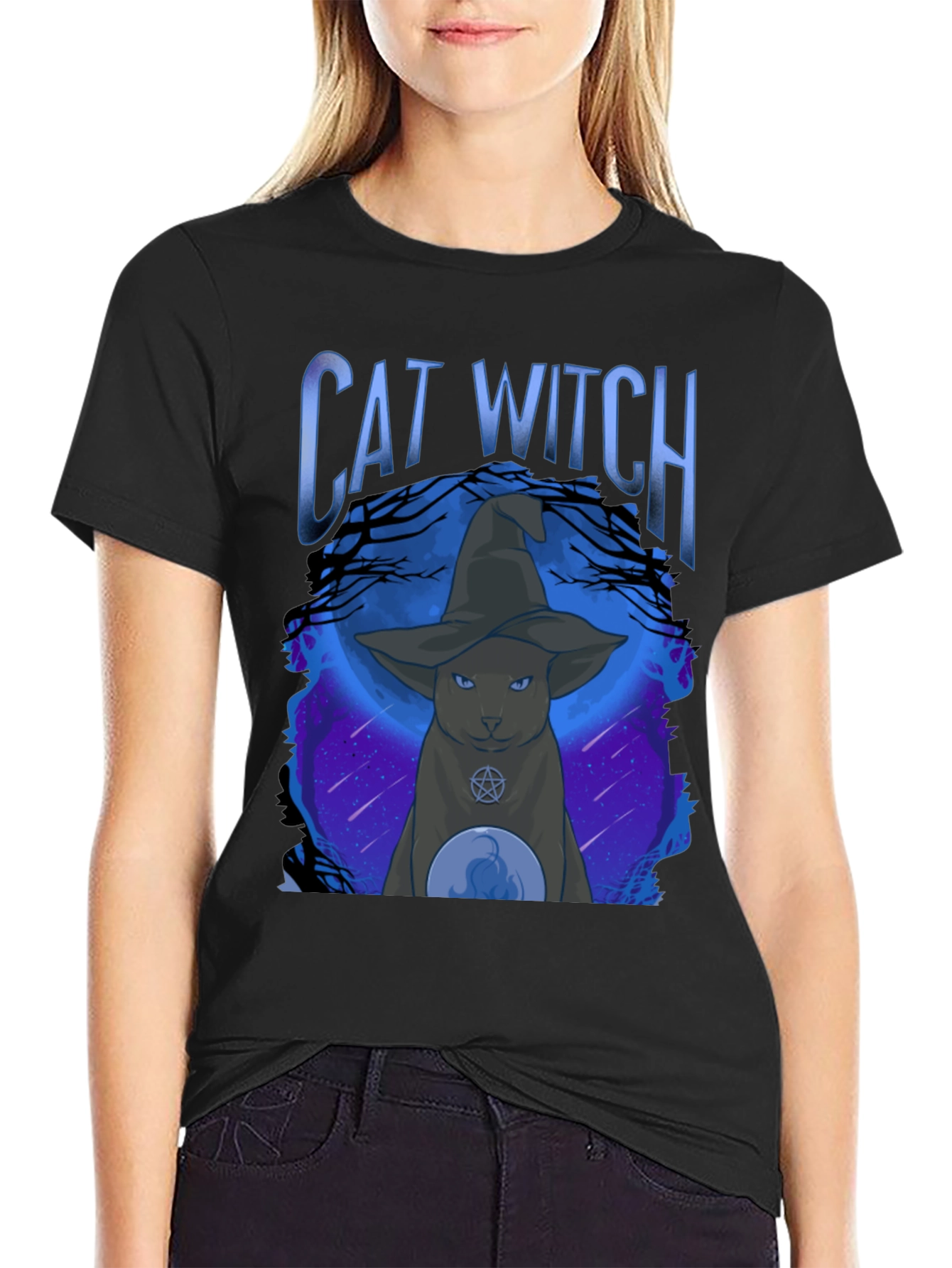 Cat Witch Graphic Tee - Halloween Style