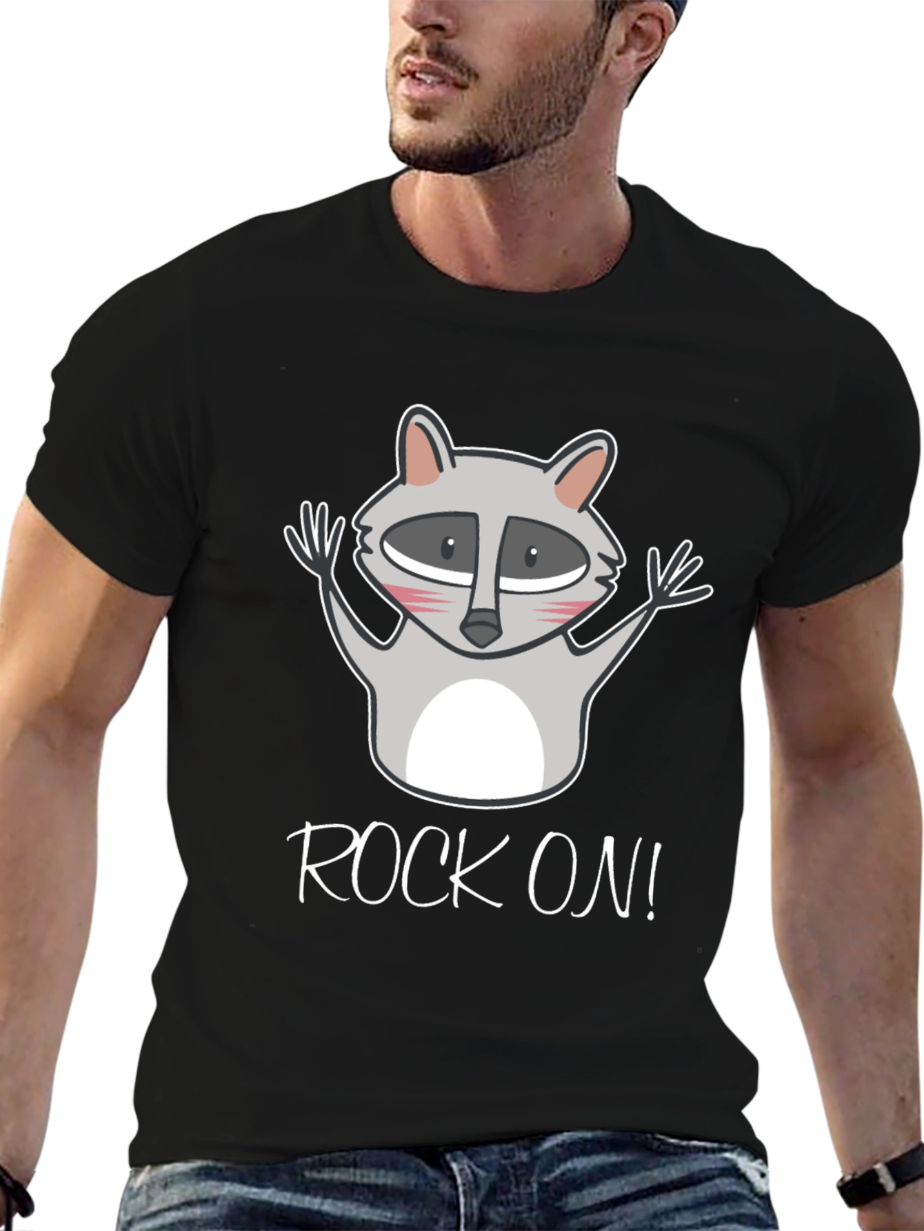 Rock On Raccoon Graphic Tee - Black Cotton T-Shirt