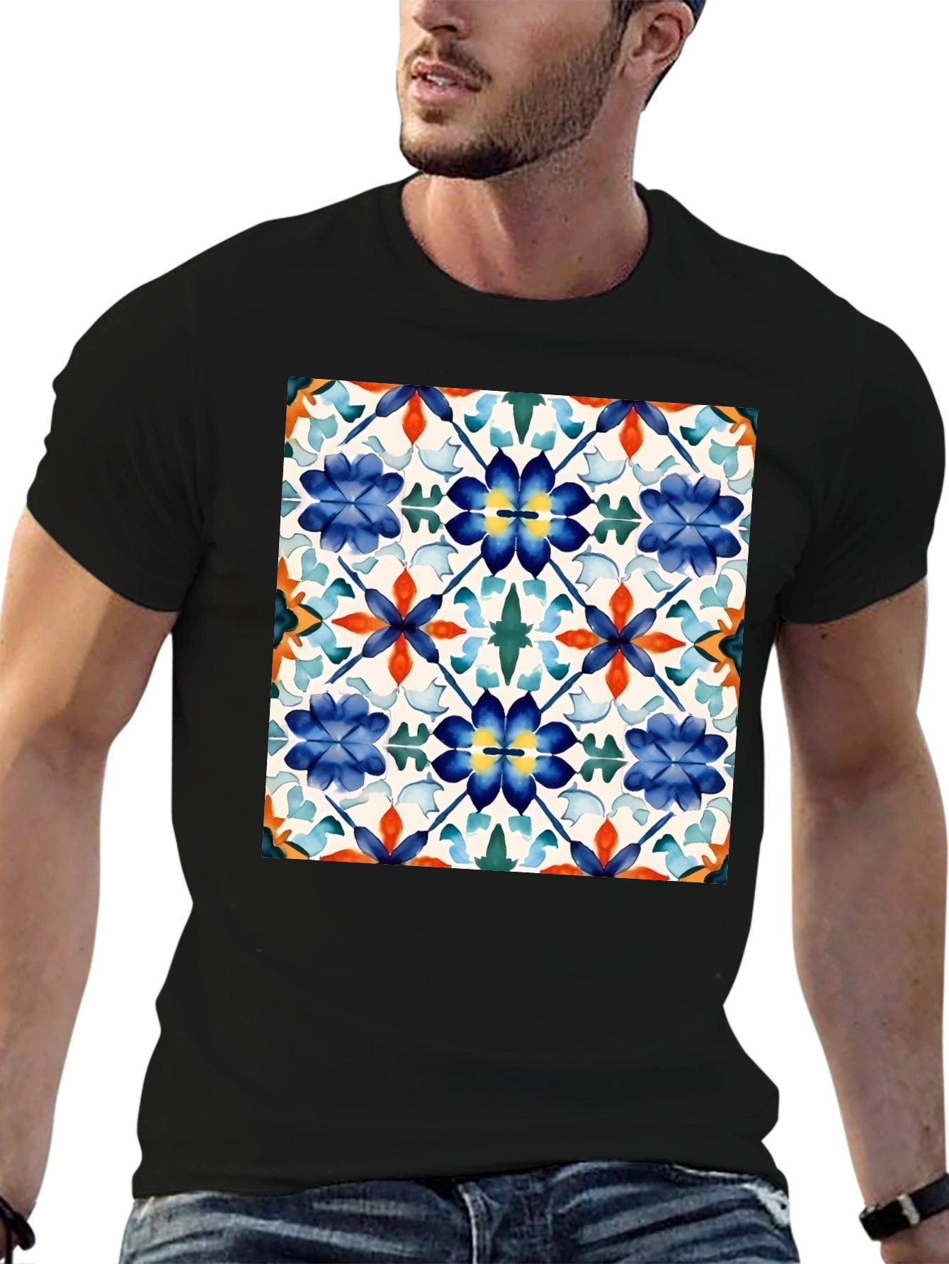 Floral Tile Pattern Black T-Shirt