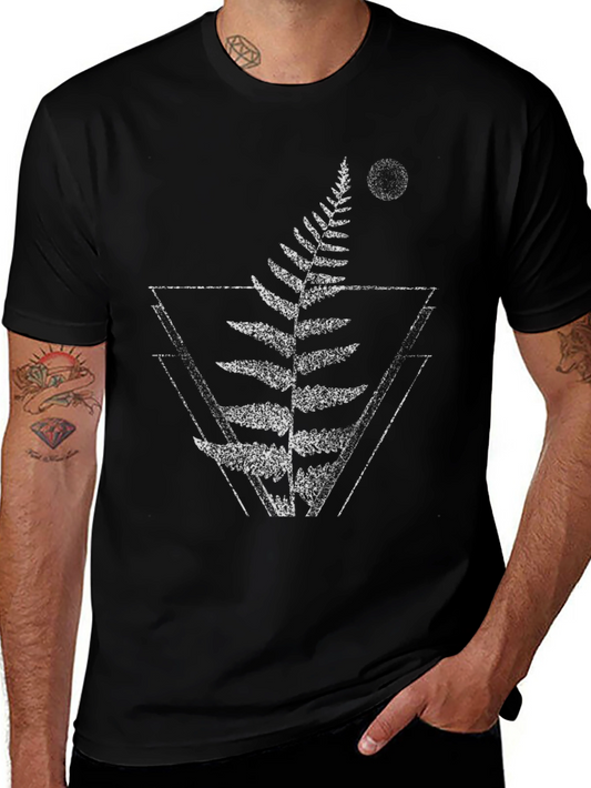 Geometric Fern Graphic T-Shirt - Trendy Black Tee