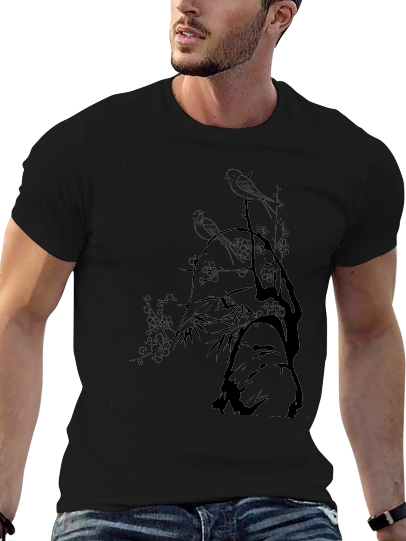 Mens Black T-Shirt with Bird & Branch Graphic