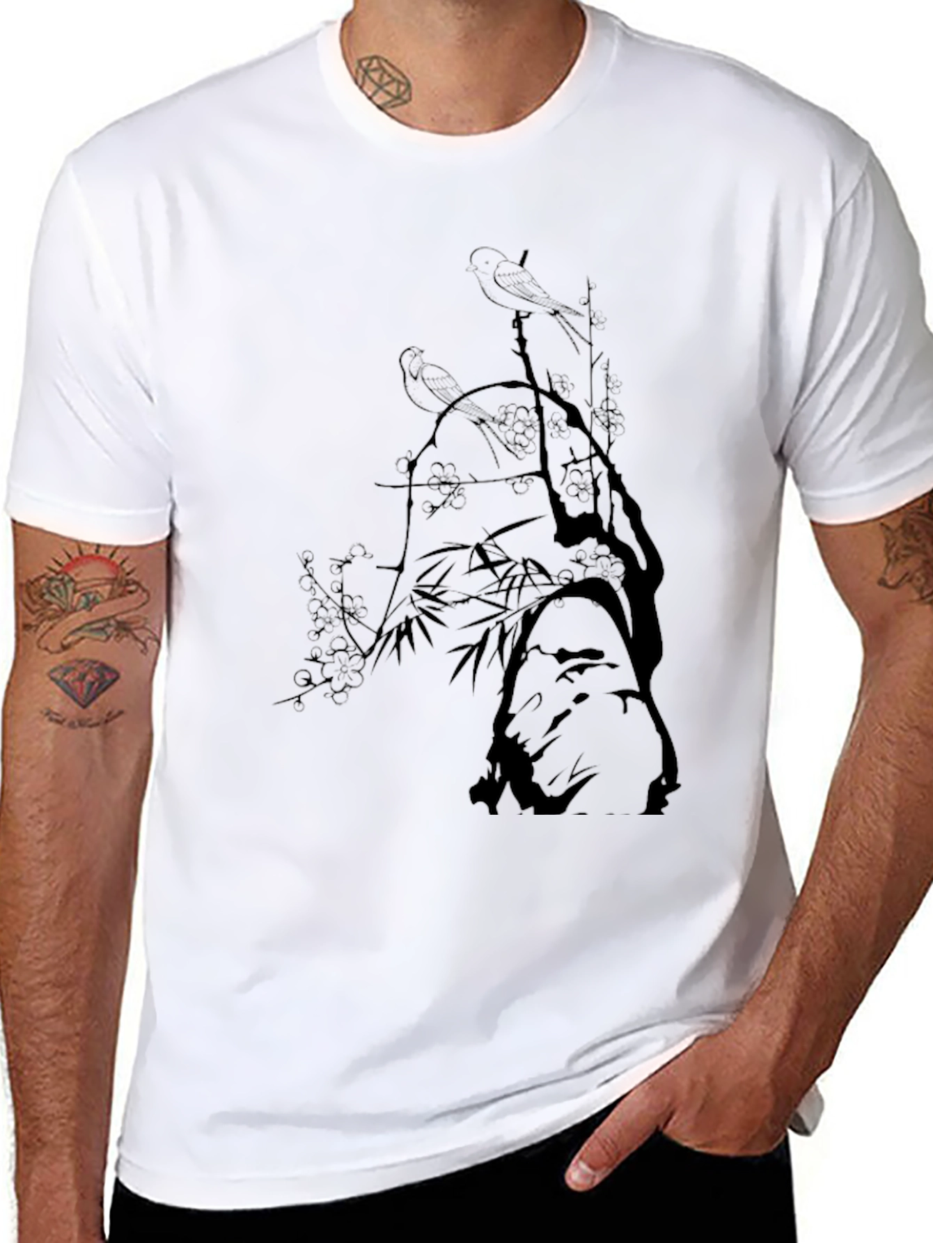 Mens Black T-Shirt with Bird & Branch Graphic
