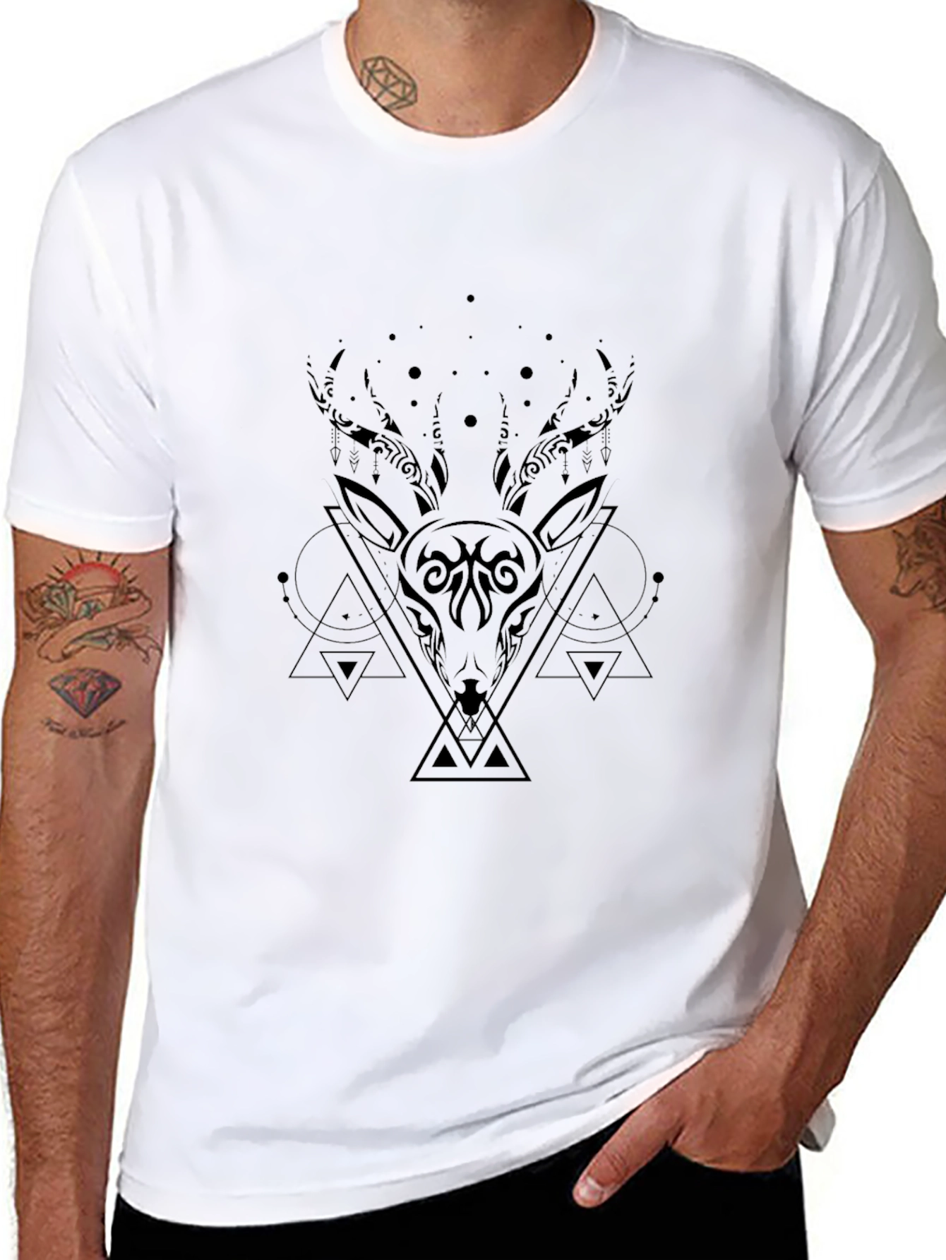 Geometric Deer Graphic Black T-Shirt