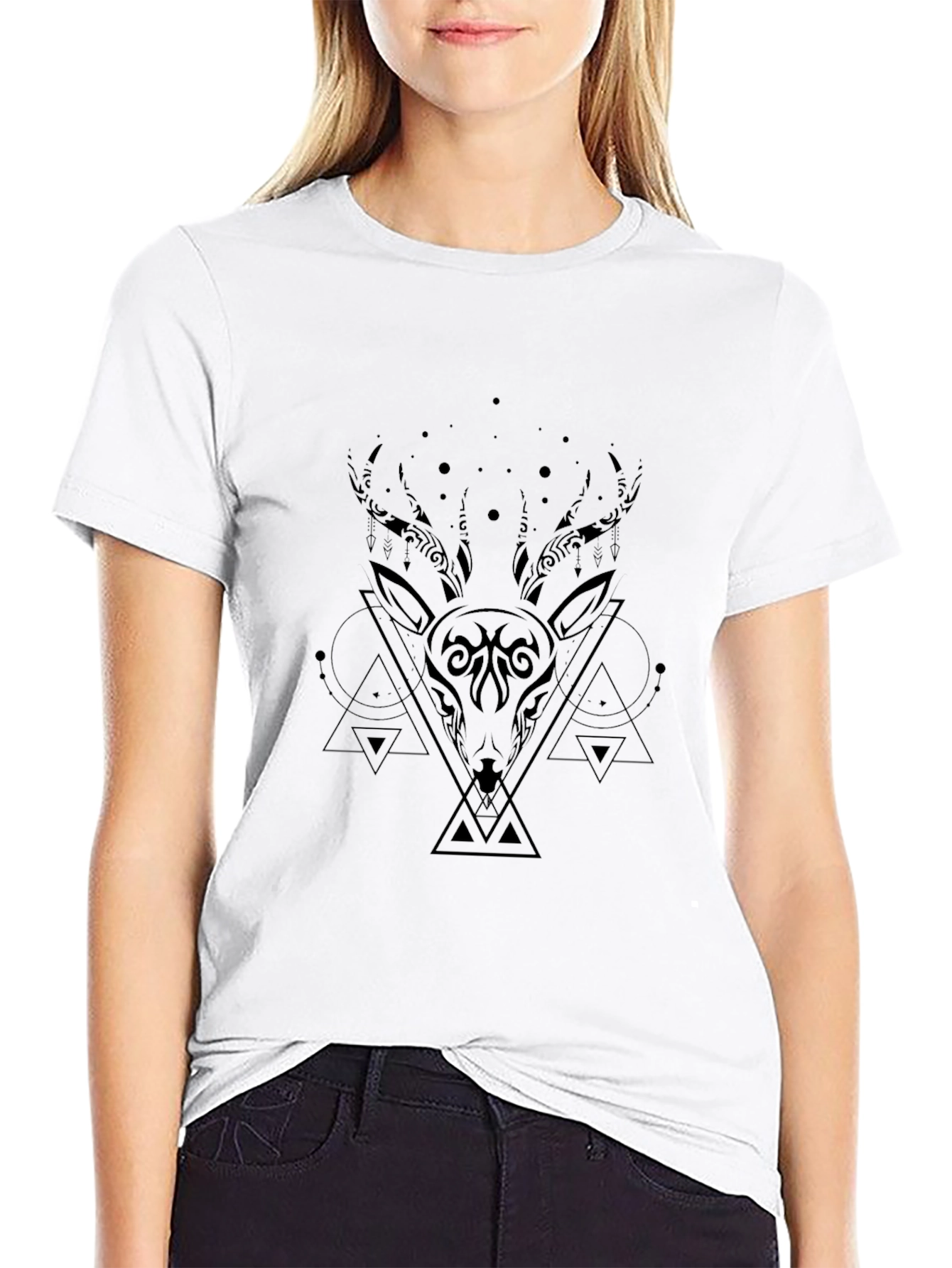 Geometric Deer Graphic Black T-Shirt