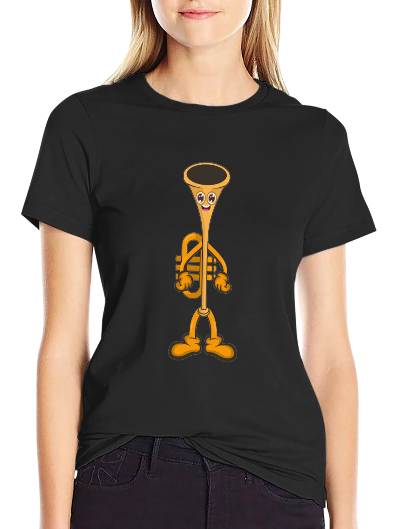 Cartoon Trumpet Graphic Tee - Black