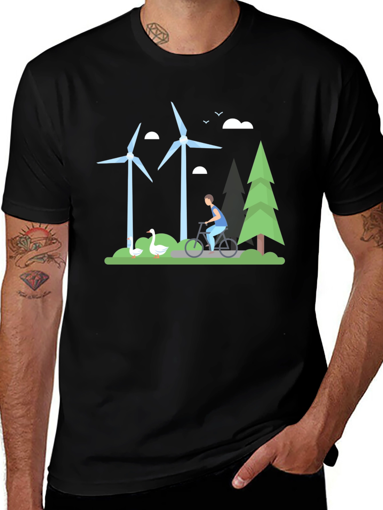 Eco-Friendly T-Shirt with Windmill & Cyclist Graphic