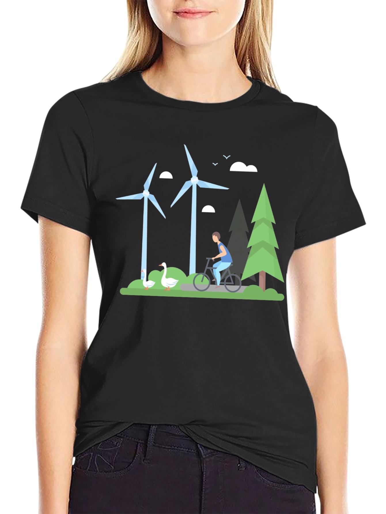 Eco-Friendly T-Shirt with Windmill & Cyclist Graphic