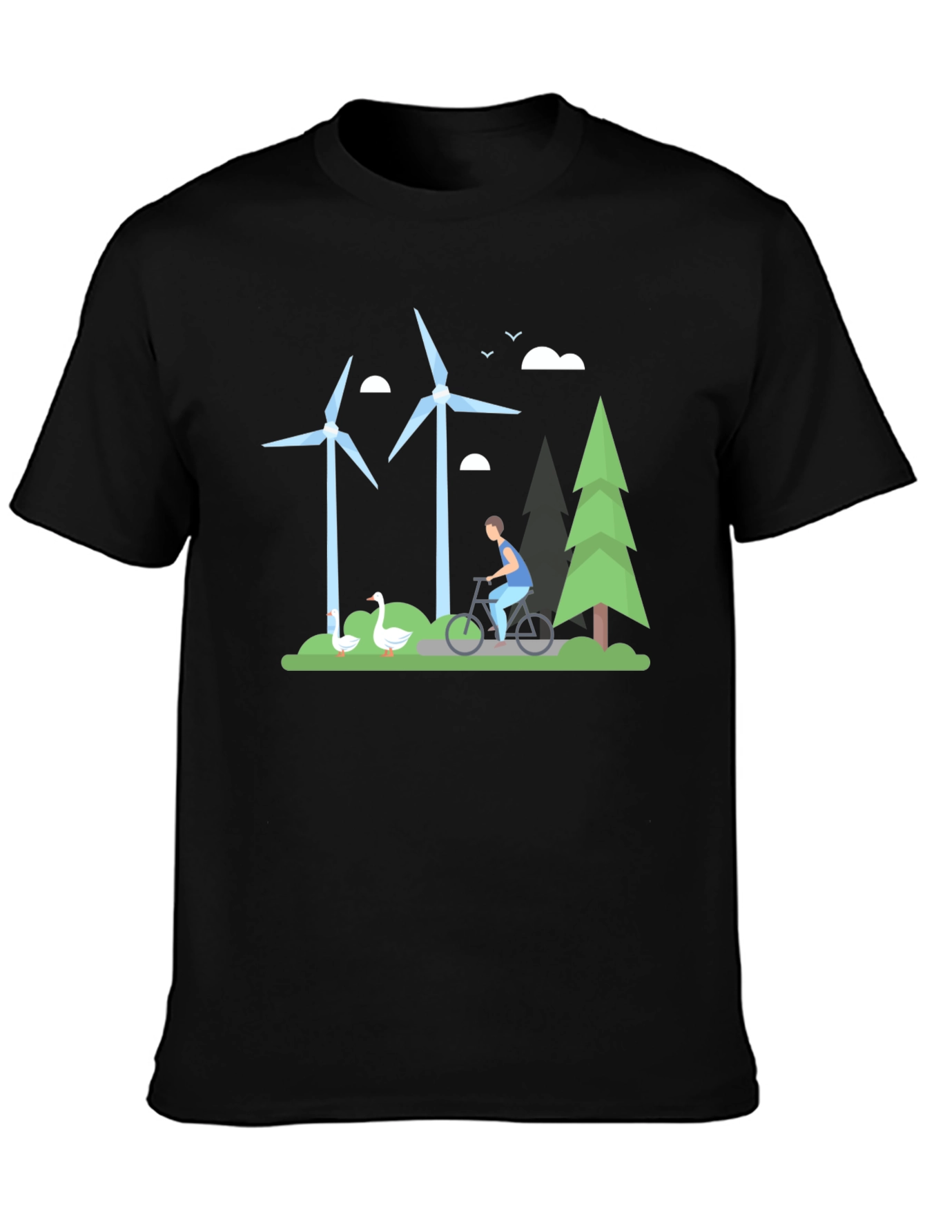 Eco-Friendly T-Shirt with Windmill & Cyclist Graphic