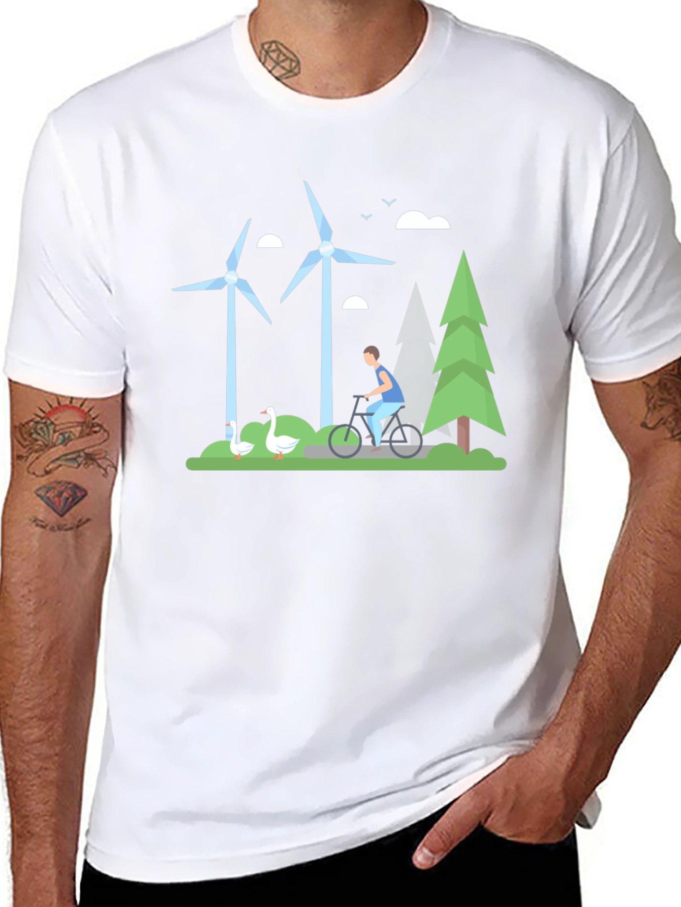 Eco-Friendly T-Shirt with Windmill & Cyclist Graphic